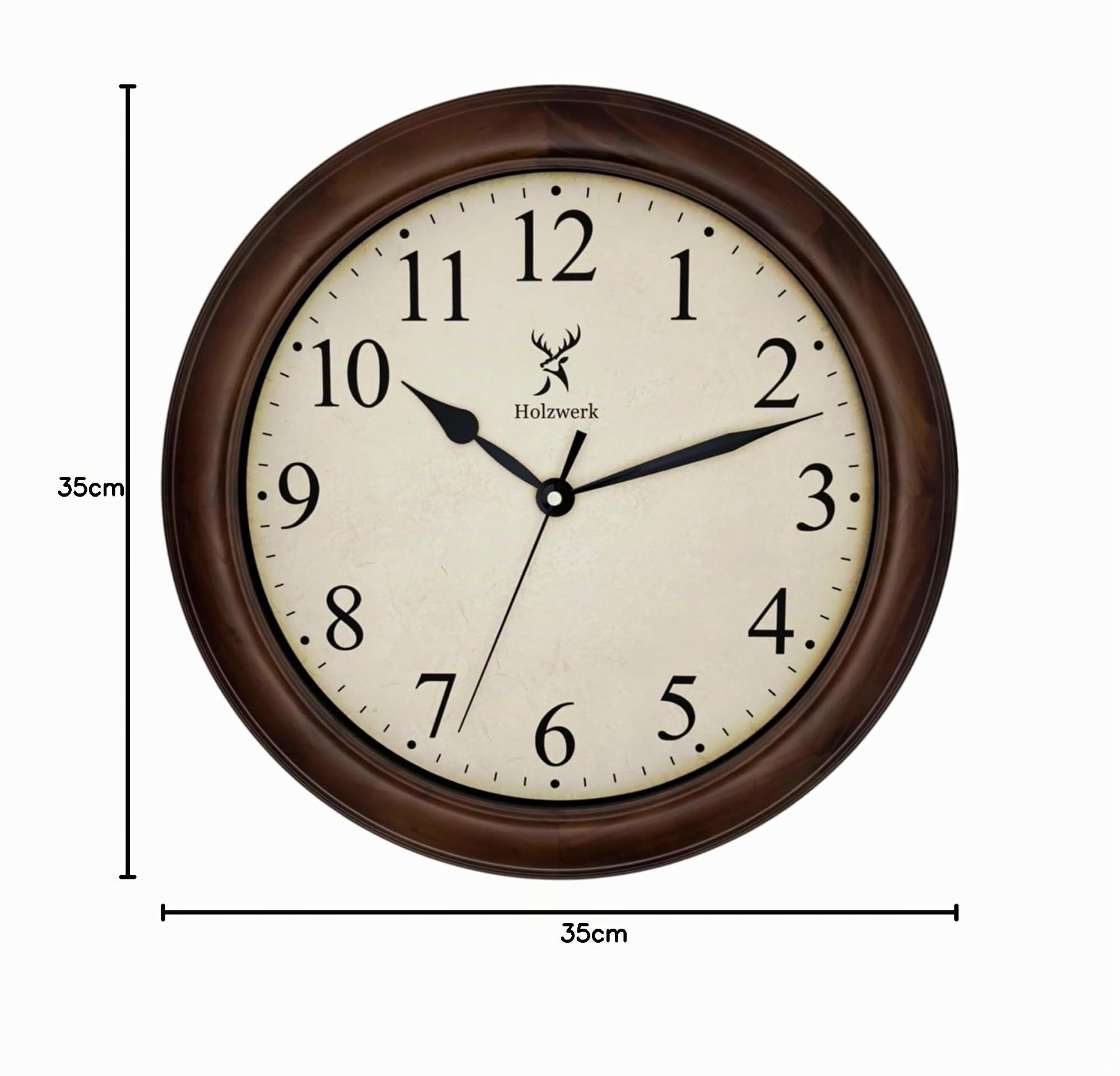 Holzwerk Natur Vintage Retro Holz Wanduhr Holz-Uhr laufleises Uhrwerk ohne Tickgeräusche Braun nahezu lautlos aus handgefertigtem Massivholz Natur 14 Zoll 35cm (HWN.Braun)