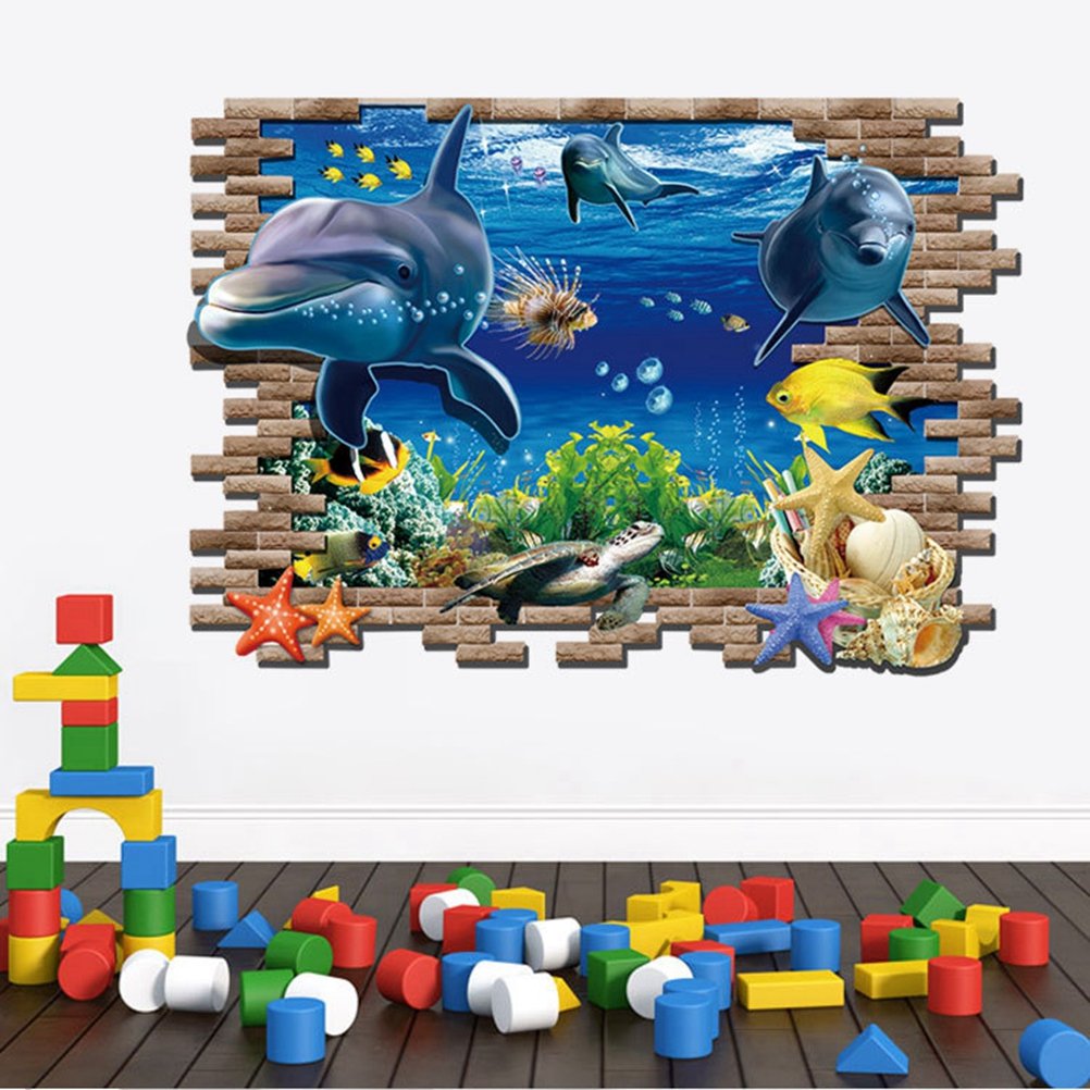 3D Removable Self-Adhesive Broken Wall Vinyl Wall Sticker/Mural Art Decals Decorator Nursery Kids Birthday Décor Favor Gift (Dolphin Seashell Starfish 3002M(23.6"x35.4"/60x90cm))