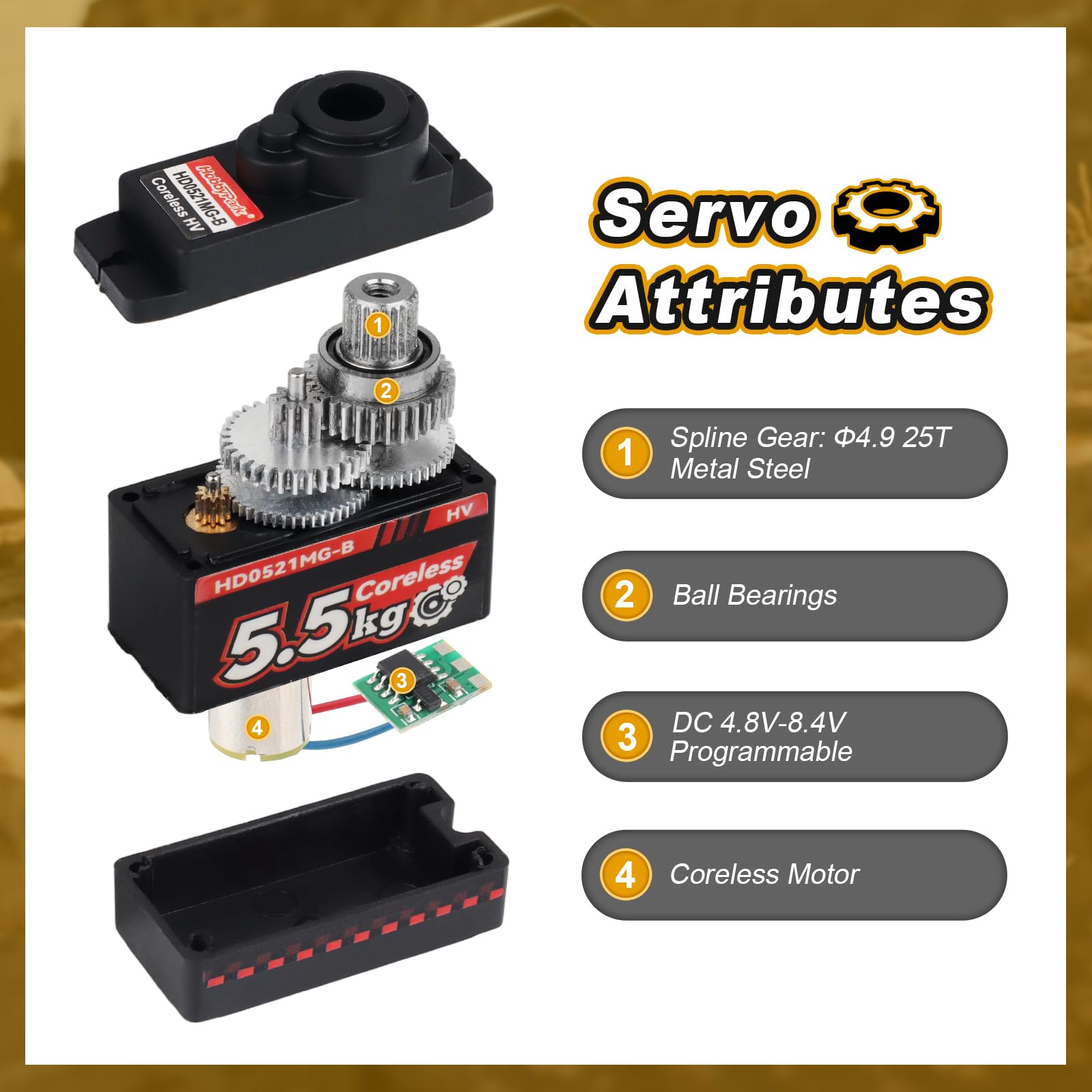 HobbyPark Mini servo 9G con motor sin núcleo de metal para aviones RC, planeador, robótica, proyectos Arduino, coches RC, 5,5 kg de alto par digital (4)