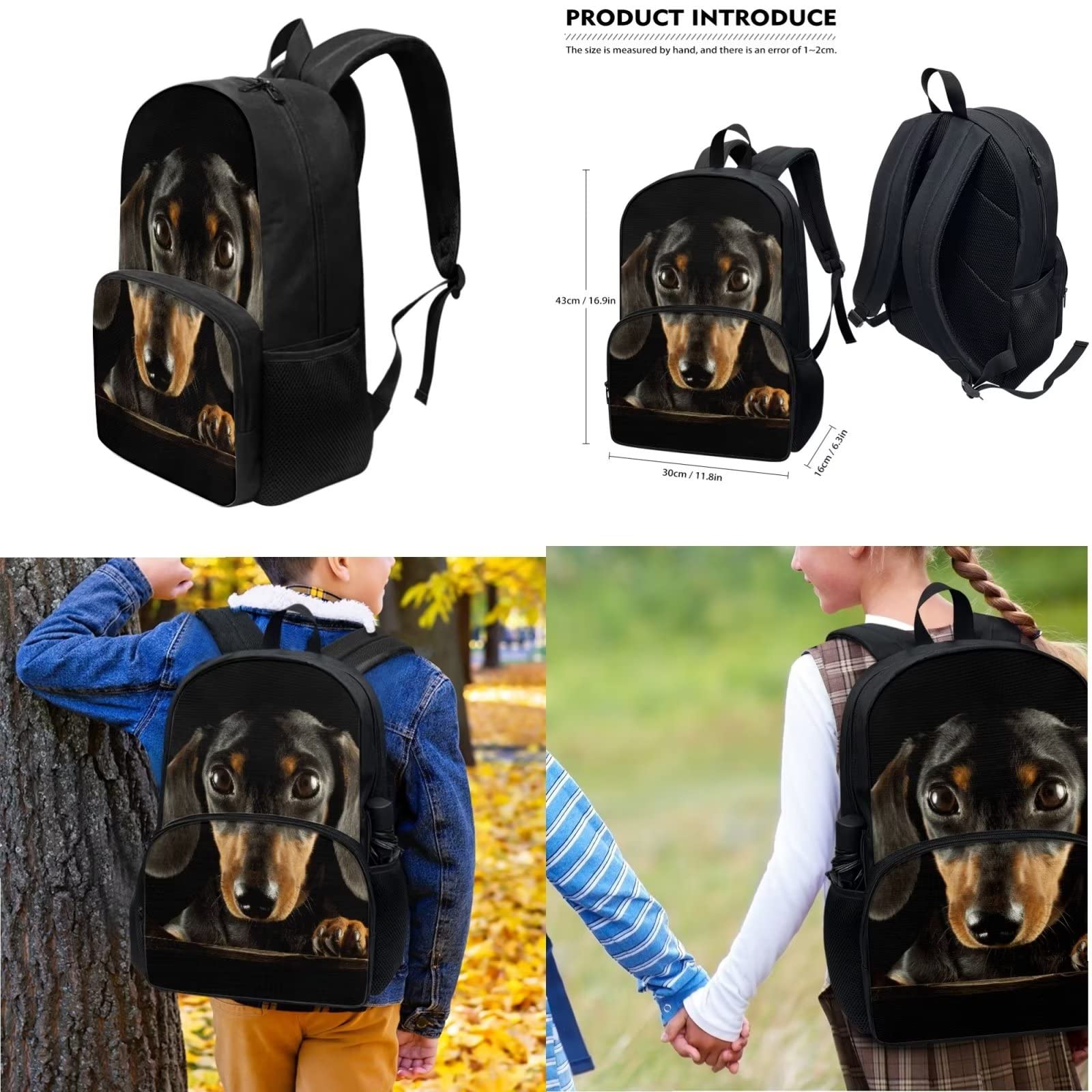 POLERO Mochila escolar de caballos para niños, juego de bolsas de almuerzo, estuche para lápices, 3 piezas, bolsas escolares, Perro Dachshund negro., Talla única, Mochila infantil