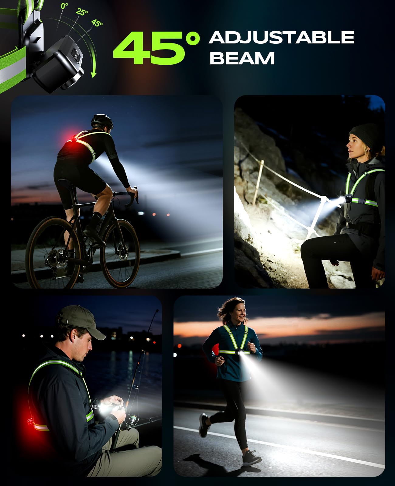 Luces de correr de 550 lm para corredores con luz trasera, 7+2 modos y chaleco reflectante de 360°, IPX4 impermeable, luz de correr recargable ajustable de 45° para caminar, ciclismo