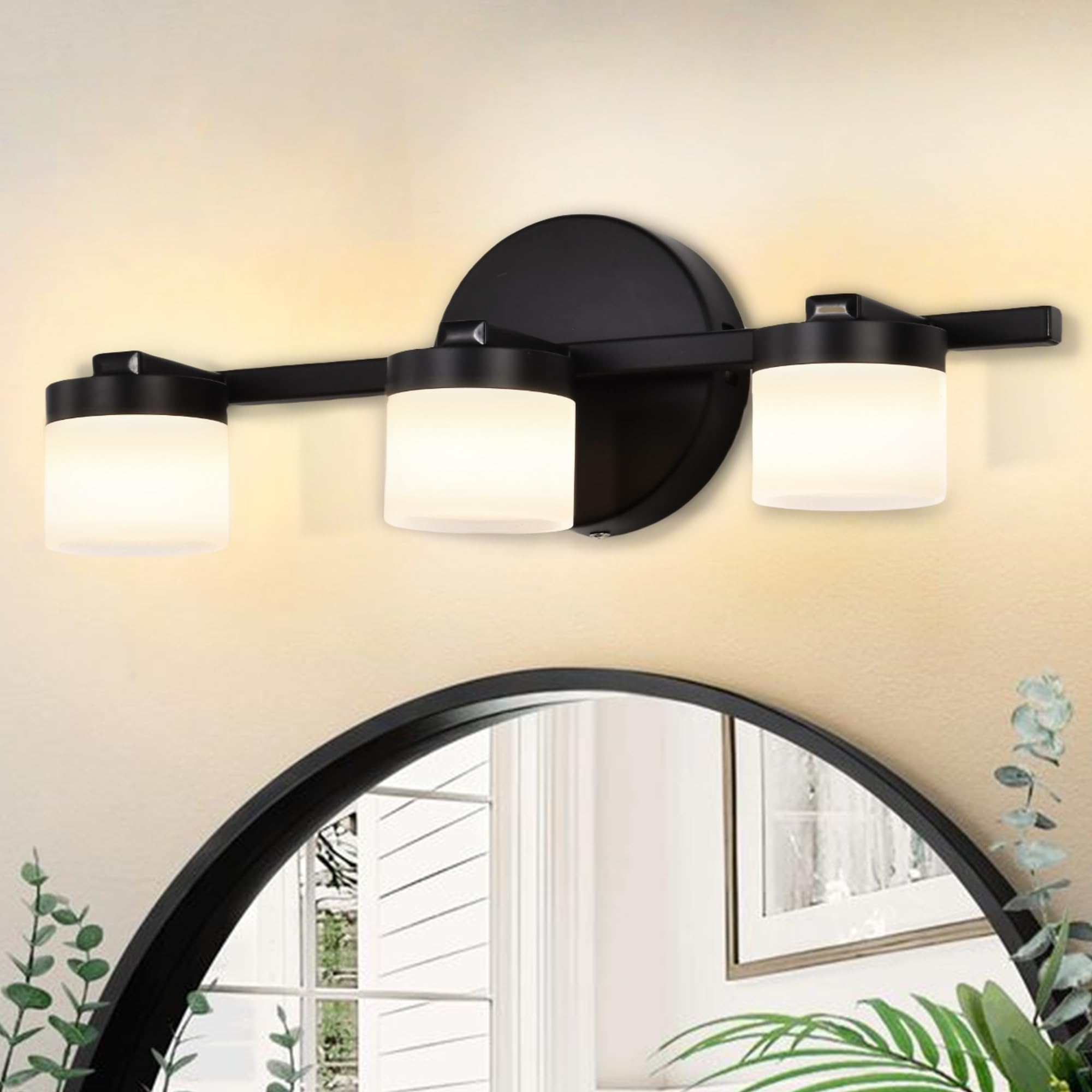 Alighting Moderne 3-flammige LED Badezimmer Wandleuchte in Schwarz – 40 cm breit, mit 3000K warmweißem Licht & satinierten Acrylschirmen, ideal für Spiegelbeleuchtung