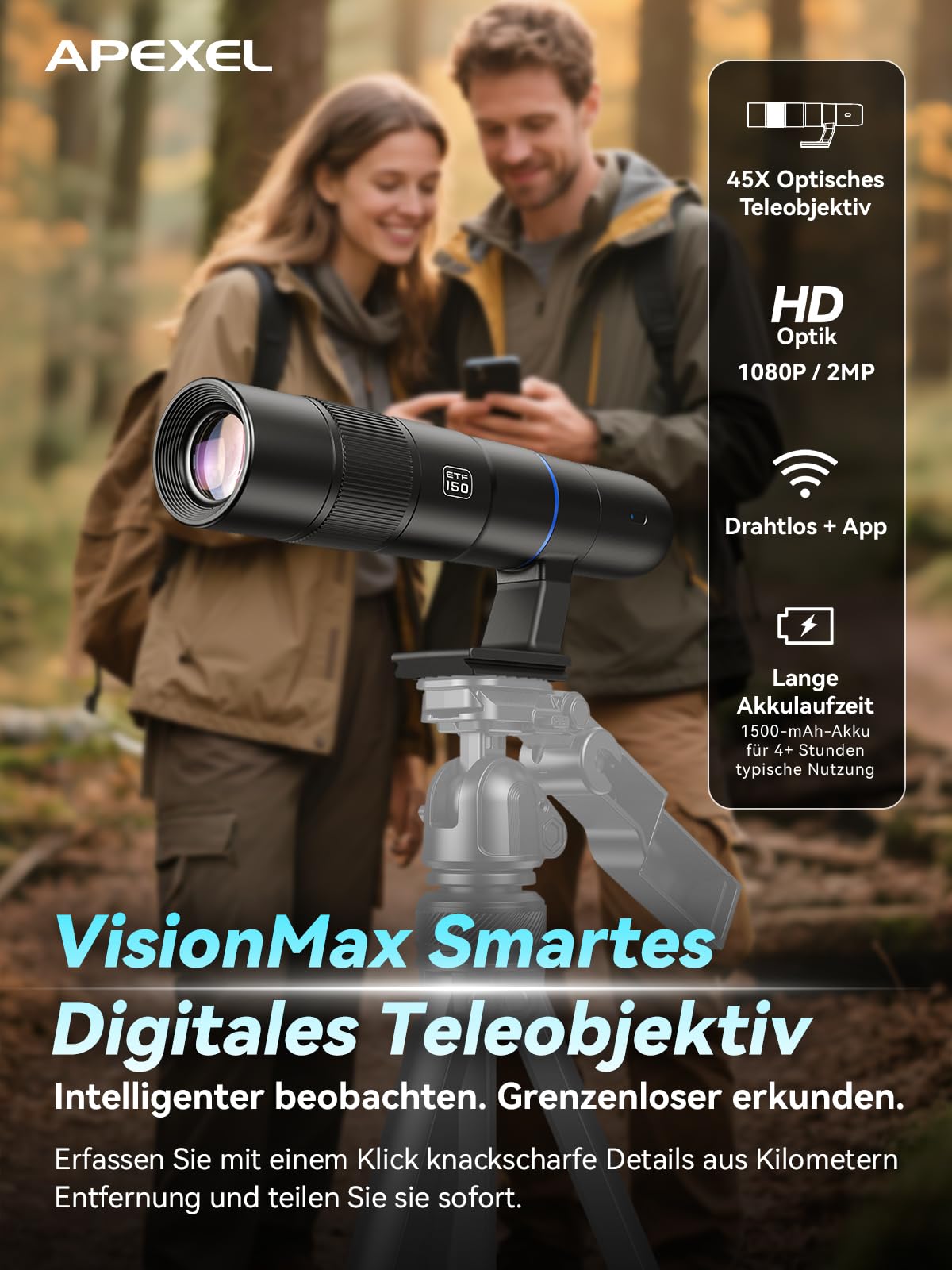 APEXEL 45X Hochleistungs-Objektiv für Smartphones, Digitale Drahtlose Telefonkamera mit APP-Steuerung, Tragbares Teleskop für Vogelbeobachtung, Wildlife, Reisen, Sport