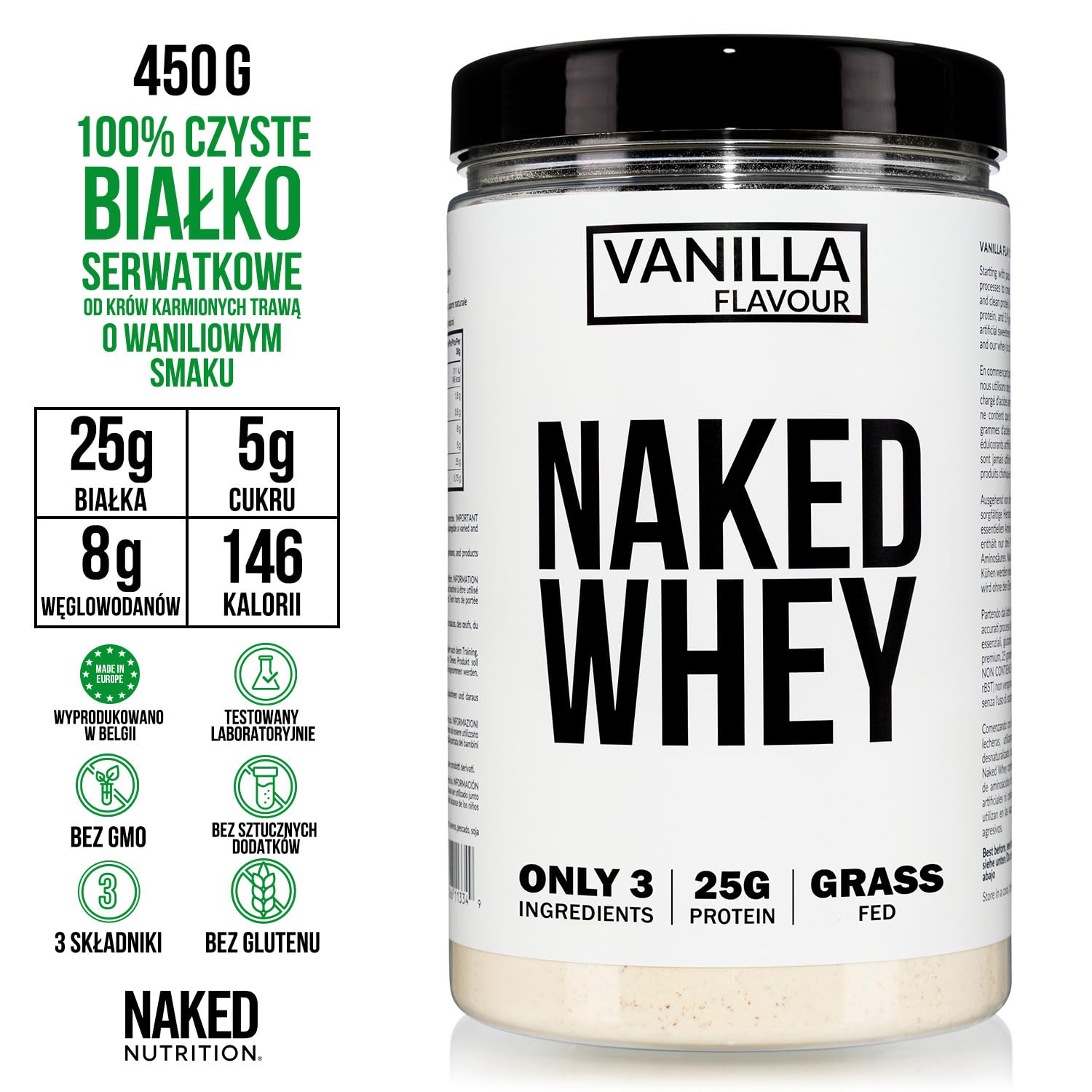 Naked Whey - Suplement diety w postaci proszku zawierający białko serwatkowe, o smaku waniliowym, bez GMO, bez soi, bez glutenu, wspomagający wzrost i regenerację mięśni, 450 g