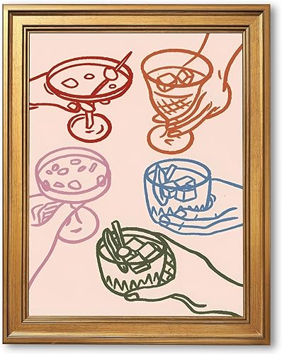 Arte de pared con marco dorado y texto en inglés "Cheers Drinks" para cóctel, pintura de gafas coloridas, póster retro, decoración de carrito de