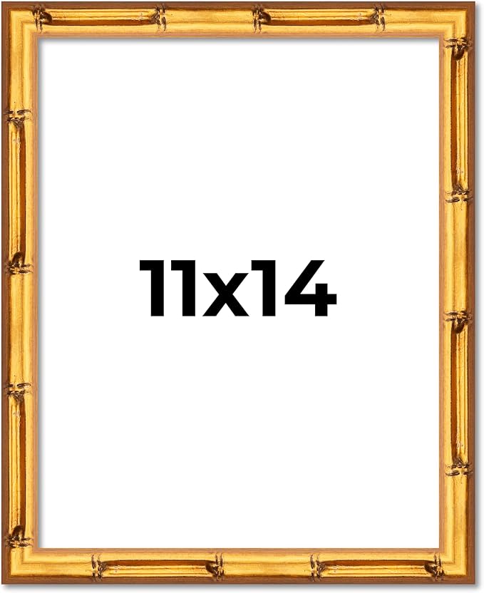 Poster Palooza 11x14 Frame Gold Bamboo Vintage Solid Pine Wood Picture Frame | 0.75 Inch Moulding Width | UV Acrylic, Foam Board Backing & Hanging Hardware Included