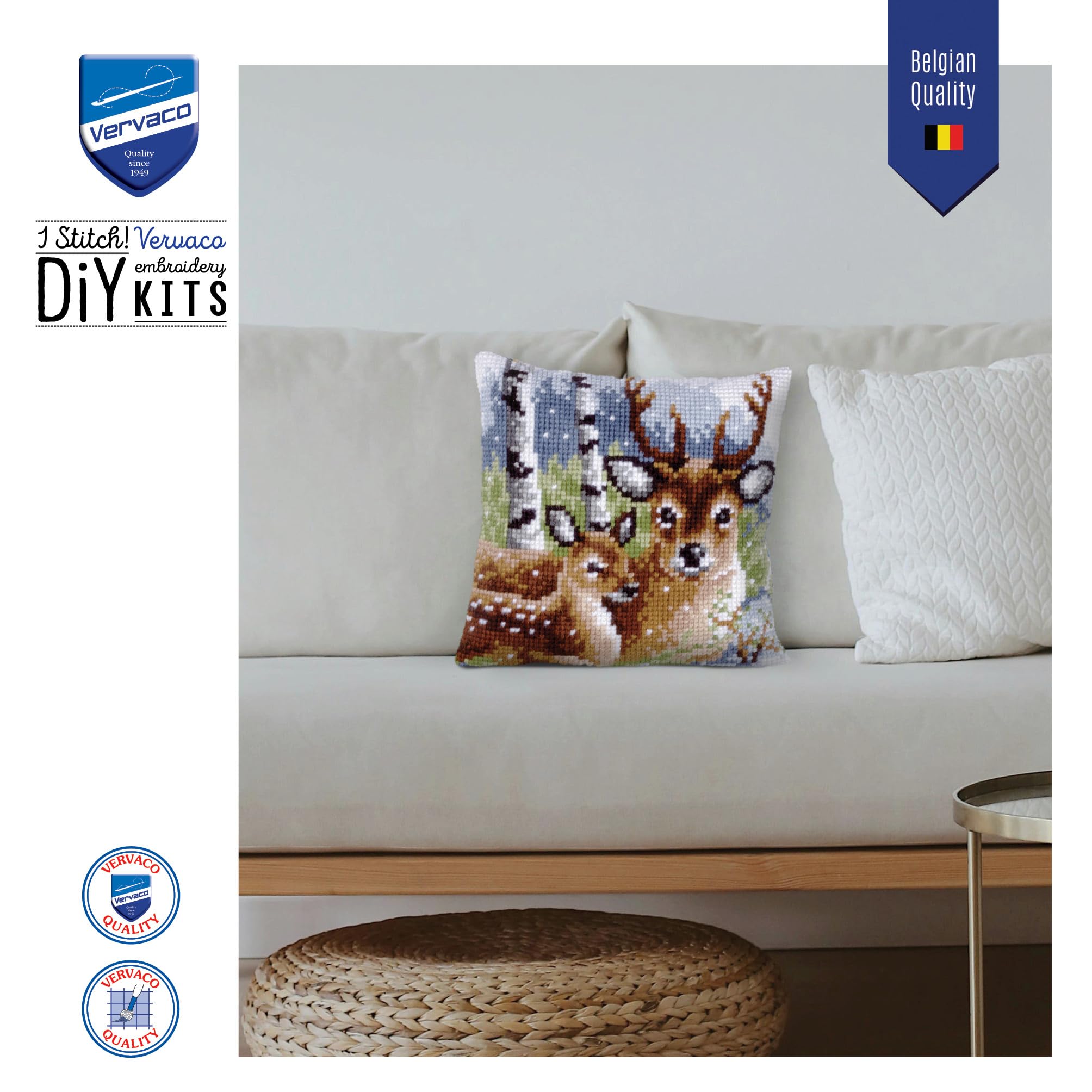VERVACO Kit Cuscino Punto Croce Famiglia dei Cervi Set Ricamo Principianti Cuscini Gobelin Decorativi ca. 40 x 40 cm Accessori per Lavoretti Creativi DIY Casa Decor Hobby Adulti Cross Stitch