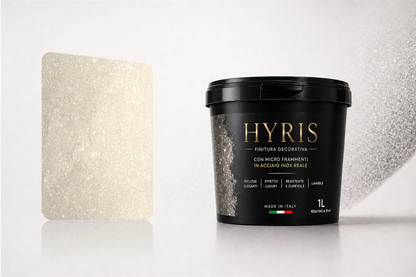 Hyris Pittura Decorativa con Micro Frammenti di Acciaio Inox - 10 | Finitura sabbiata perlata con frammenti inox, lavabile e antimuffa, per pareti e soffitti interni, resa 10/12 m² - 1 Litro