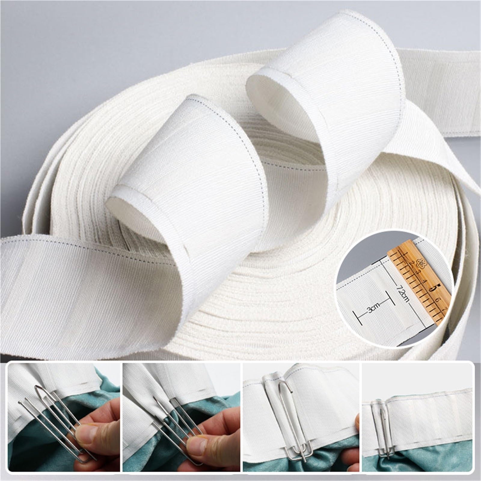 Rufflette pour Rideaux Bande plissée Blanche de 5/10/20 mètres, à Utiliser for Le Rideau, Bande supérieure œillets, Crayon plissé, Crochet, Accessoires(10M)