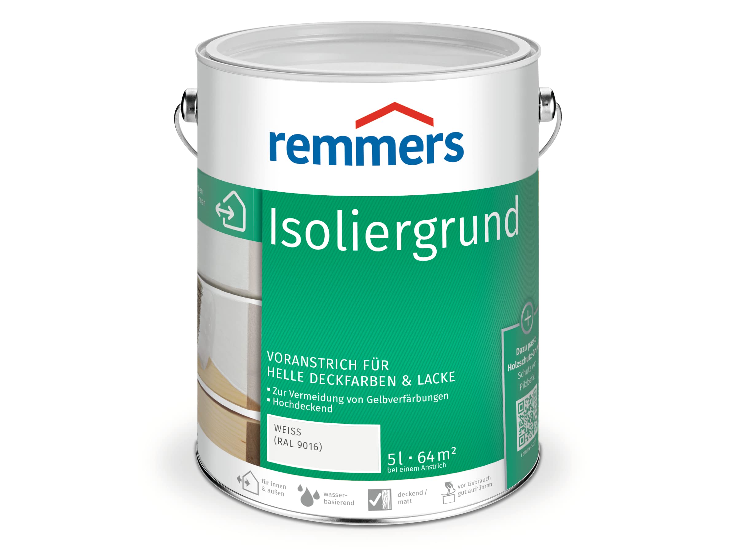 Remmers Isoliergrund weiß (RAL 9016), 5 Liter, Sperrgrund, wirkt gegen Holzinhaltsstoffe, verhindert Gelbverfärbungen, hochdeckend, atmungsaktiv