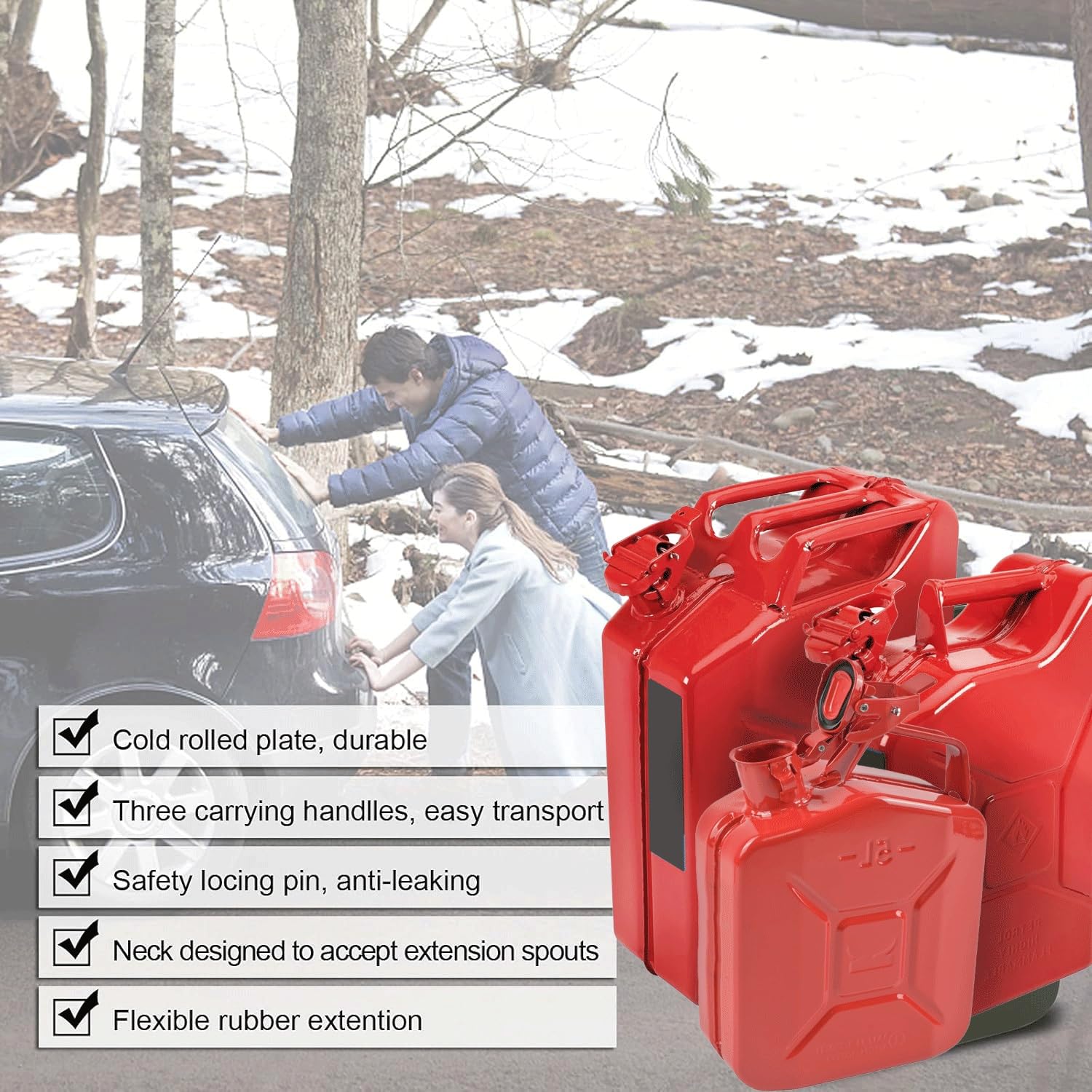 Bidón de combustible de 5/10/20 litros - Depósito de combustible metálico portátil con asa de 3 capas | Apto para coches, camiones y motocicletas, con boquilla extendida - Rojo(5L)