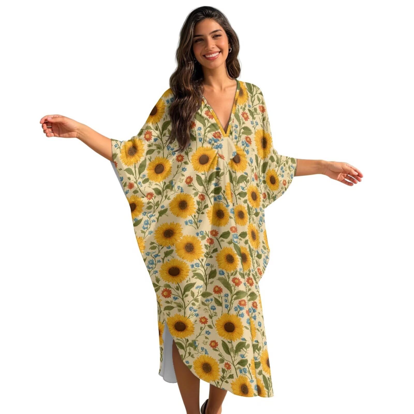 Xoenoiee Damskie sukienki kaftanowe kaftan plus size rękaw nietoperz strój kąpielowy okrycie dekolt w serek letnia sukienka plażowa