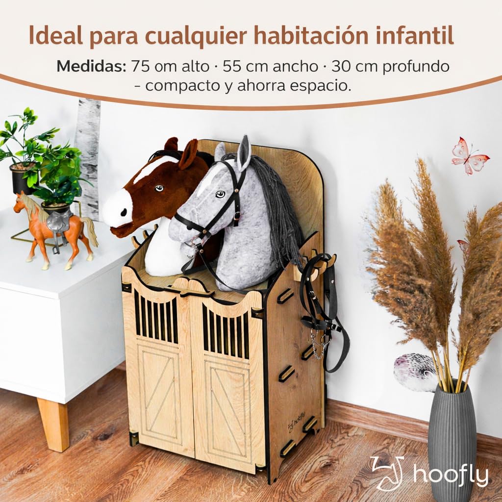 Hobby Horse Establo – Accesorio práctico con Puertas, Almacenamiento y Ganchos/Establo de Madera para 2 Caballos de Palo/Soporte Fuerte para 2 Hobby Horses