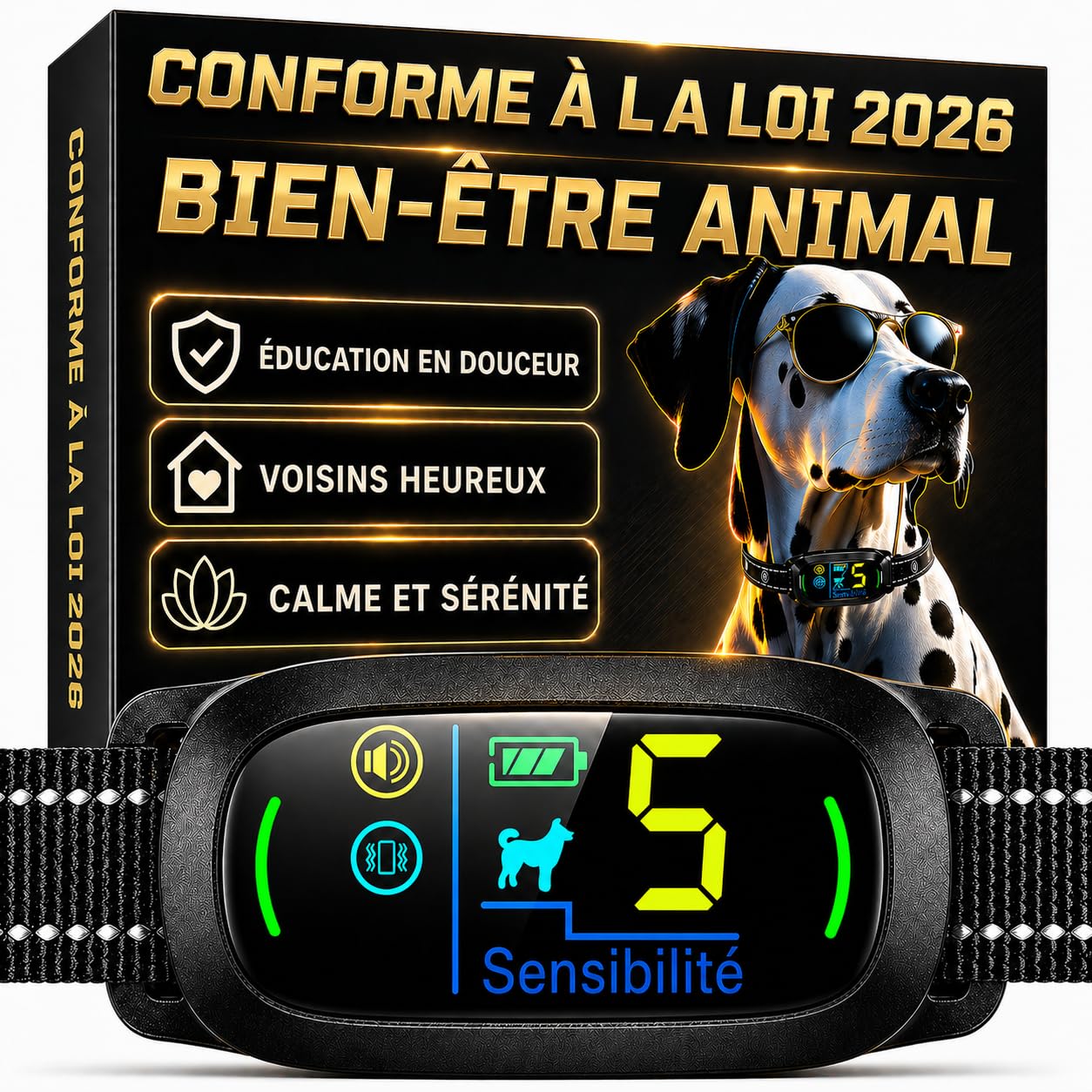 PAWPRO Collier Anti Aboiement Chien | Conforme Nouvelle Loi 2024 Bien-Être Animal | Intelligence Artificielle, Détection d’Aboiement, Écran Couleur | 3 Modes BIP, Vibration+BIP | Marque FR (Noir)