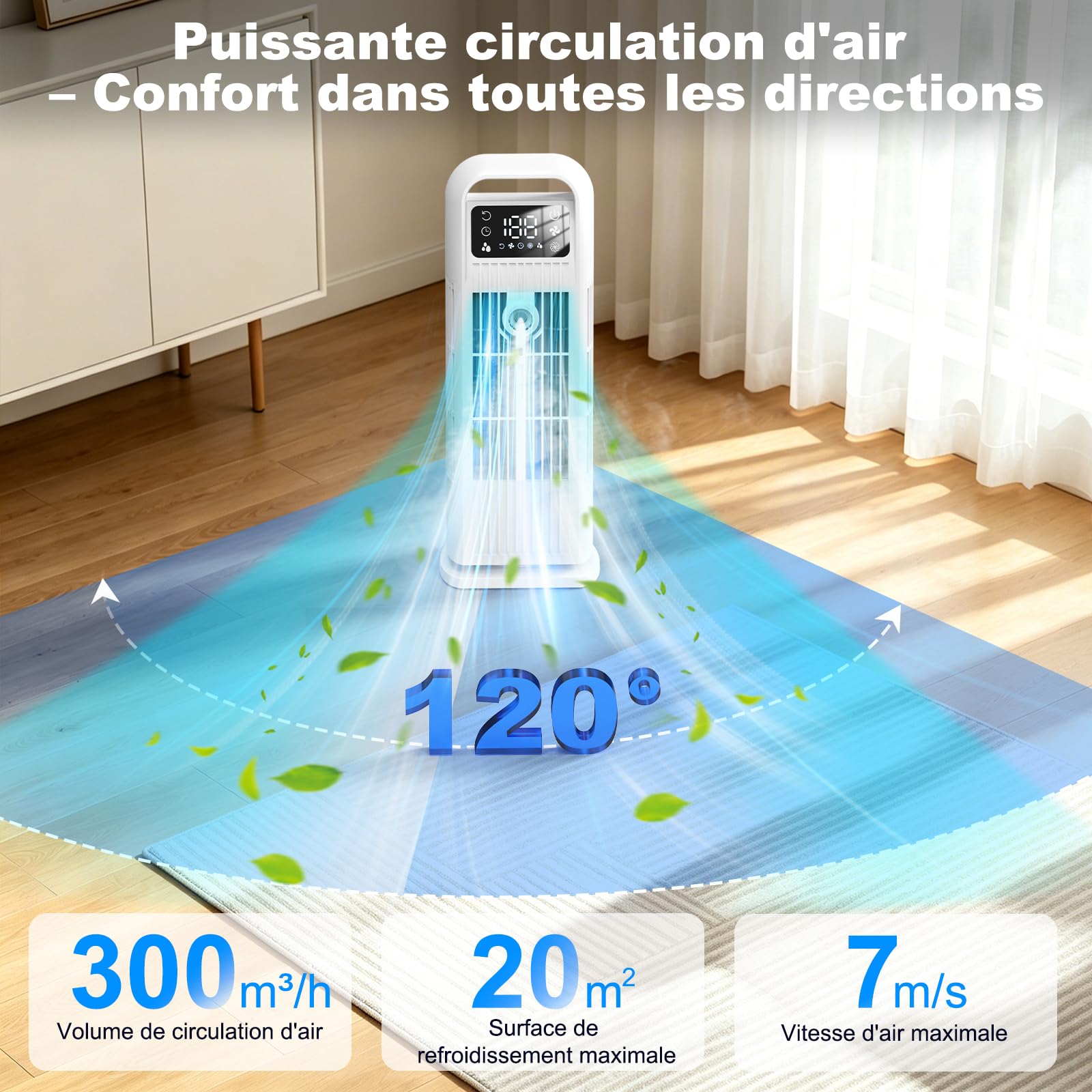 6 en 1 Climatiseur Mobile, Climatiseur Portable Silencieux avec Refroidisseur d'air 1200ml, 120°Oscillation, 1-12H Minuteries, 4 Vitesses, Touches Tactiles (Blanc frais)