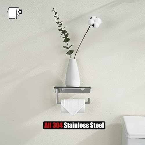 Miniatura 8 de JQK Soporte de papel higiénico cromado, soporte para rollo de papel higiénico con estante para teléfono, dispensador de papel de seda de acero