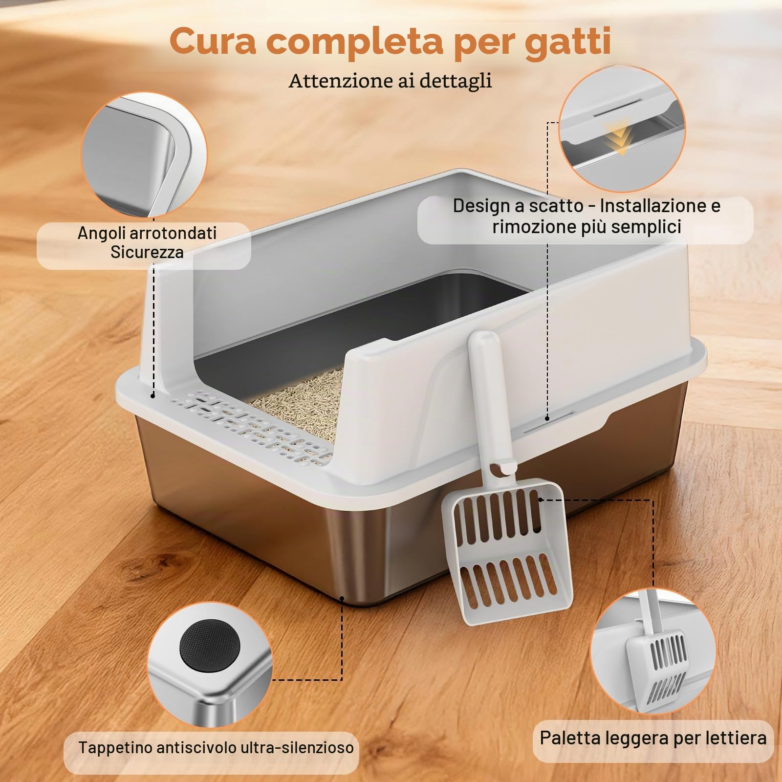 MIXJOY Lettiera per gatti in acciaio inox, 18 l, piccola per gattini, design aperto, bordo alto, a prova di perdite, salvaspazio, con paletta, 44 x 34 x 21 cm