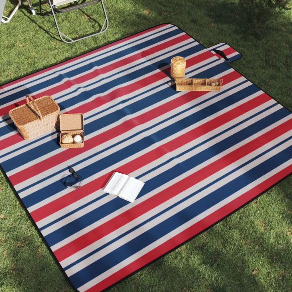 Coperta da picnic, 200 x 200 cm, coperta pieghevole per esterni con superficie in velluto, fondo impermeabile, per spiaggia, campeggio e parco, a righe rosse e blu