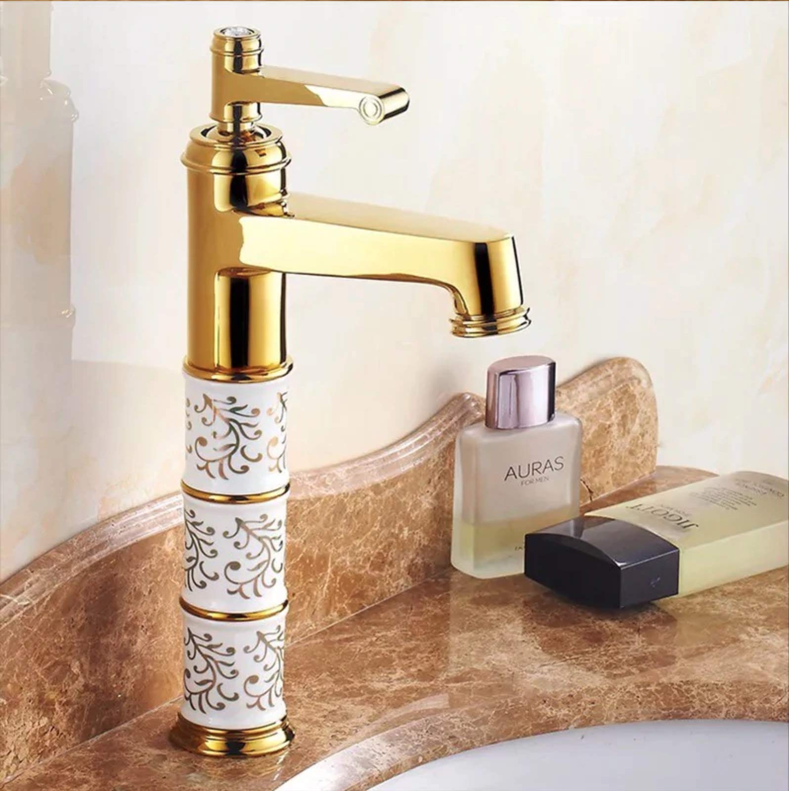 24x7 eMallBrass Gold White Heavy Single Lever Copper Basin Mixer with 2 Braided Connection Pipes (450 mm) Aura Florina, 12 Inches Height