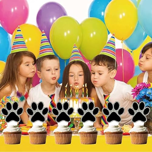Miniatura 5 de 24 piezas de decoración de fiesta de pata de perro, decoración de una sola cara negra con purpurina para cupcakes de pata de cachorro, tema de