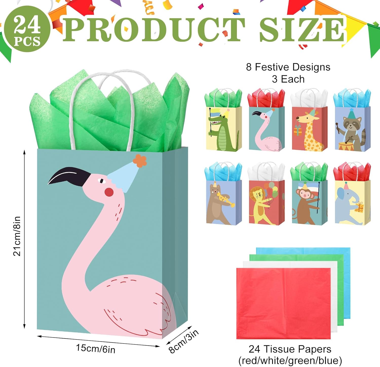 24 Pcs Animal Parade Party Bags Bulk Animal Theme Gift Bag with Handles Cute Flamingos Raccoon Monkey Goodie Paper Supplies for Birthday Party Baby Shower Decoration - Image 2