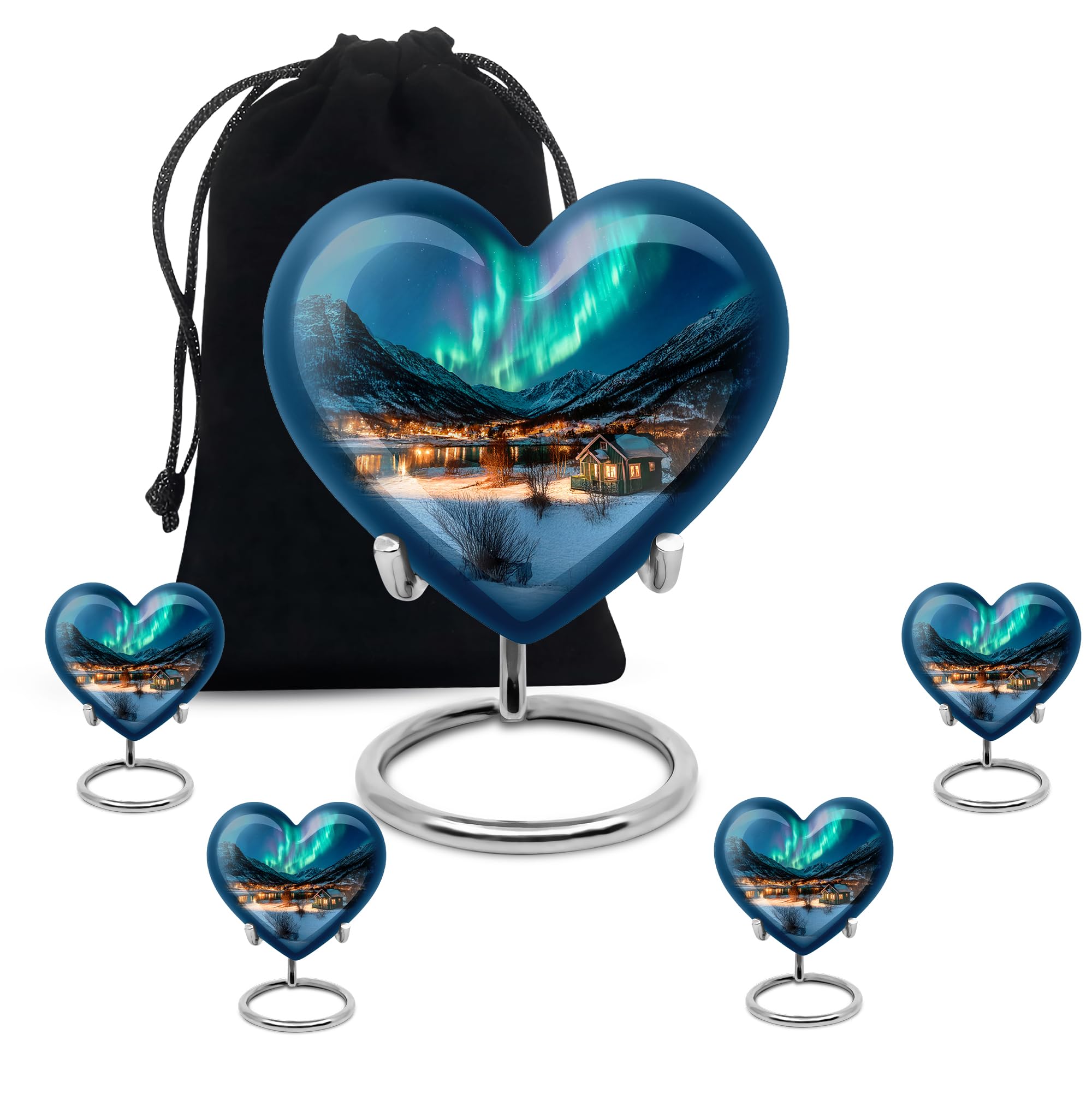 Northern Lights Heart Urn, Large Cremation Urn for Human Ashes Adult Female and Male, Elegant Memorial Keepsake Burial Box, Funeral Gift - 3Inch 4Pcs Small & 10Inch 1Pcs Large Size Combo- Pack of 5