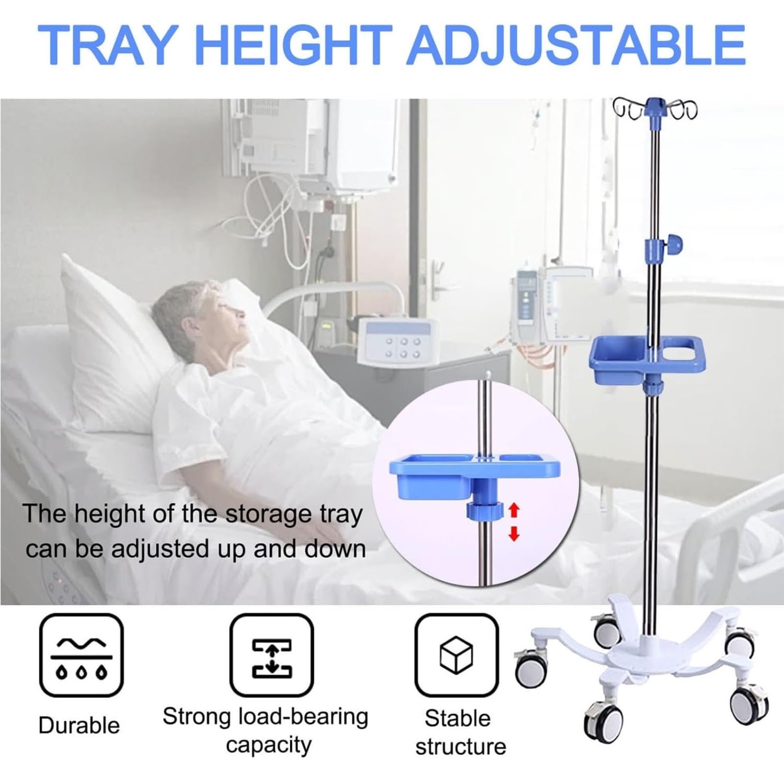 Asta portaflebo medicale con ruote in acciaio inox regolabile in altezza asta per flebo | Supporto for flebo con rete sospesa con base a 4 ganci e 5 rotelle