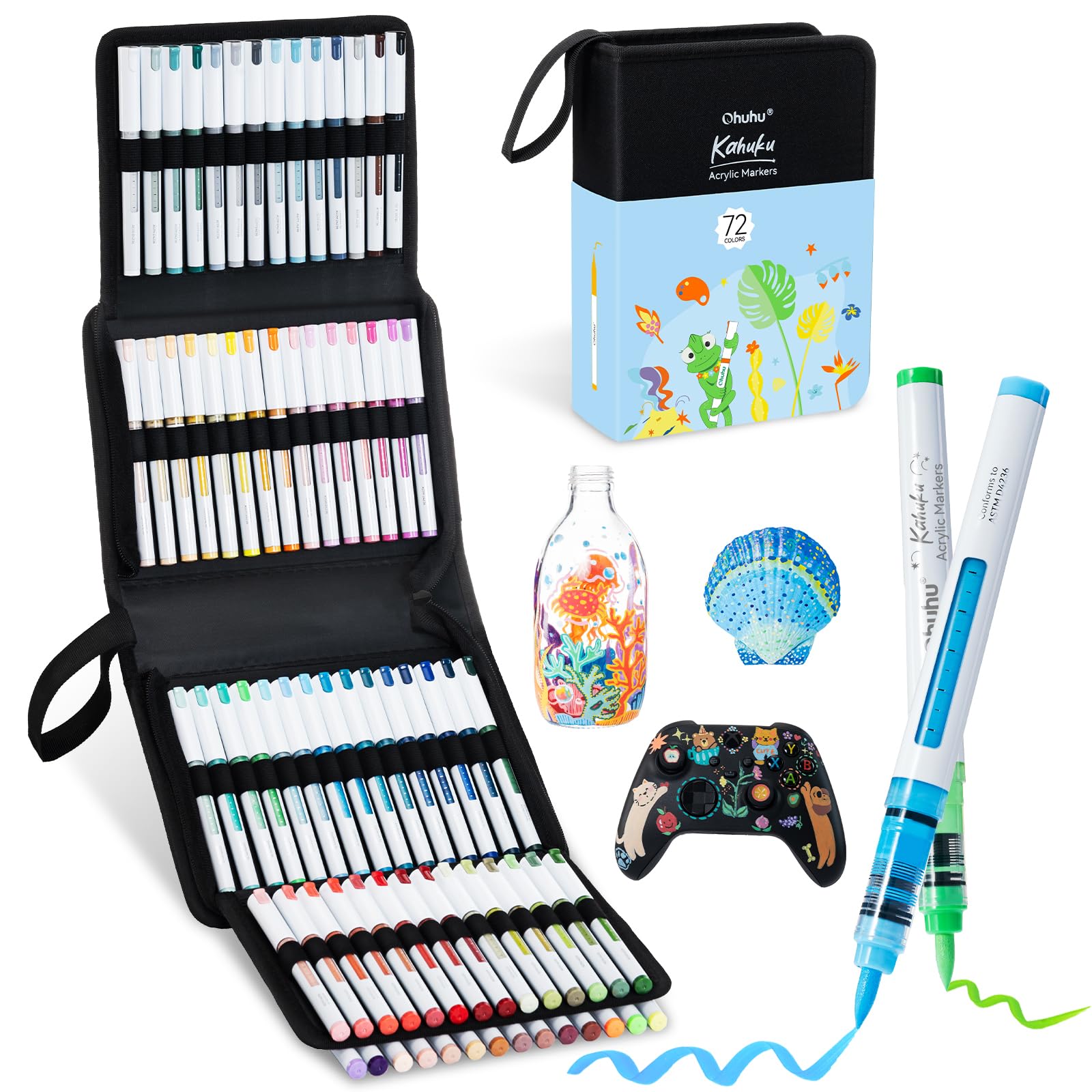 Ohuhu Kahuku - Rotuladores acrílicos con punta de pincel, 72 colores, reguladores de tinta automáticos, rotuladores acrílicos de alta cobertura, resistentes al agua y a la luz para pintura de piedra