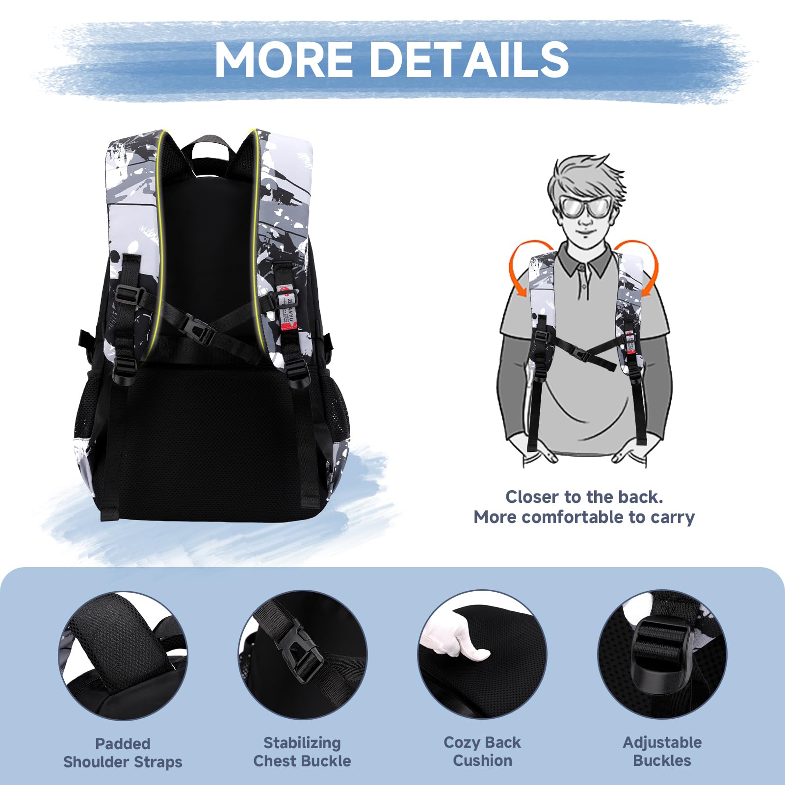 Amythe Mochila Escolar para Niño Adolescentes de 10 a 18 años - Informal, Elegante y Ligera - Mochila Colegio para Portátil de 15,6" para Secundaria, Instituto y Viajes -Negro