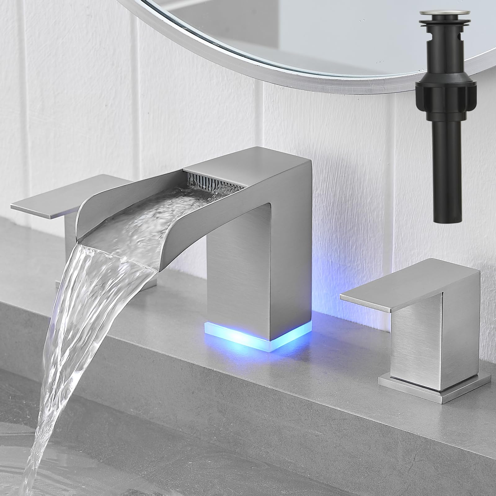 Brushed Nickel Waterfall LED Bathroom Faucet 3 Hole 8 Inch Widespread Bathroom Sink Faucets with 3 Colors Light