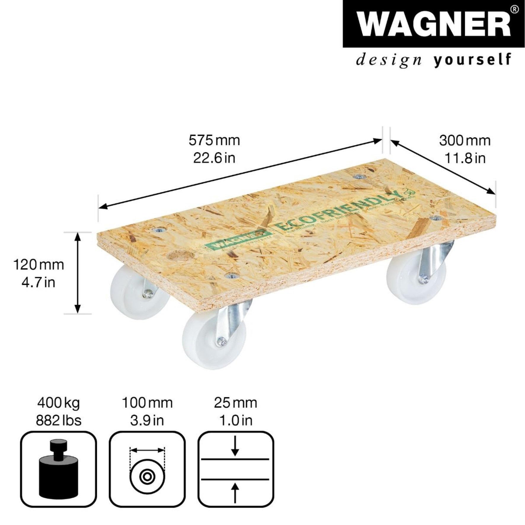 WAGNER Transportroller Transporthilfe 1630 I Möbelroller aus OSB I 57,5 x 300 x 12 cm, Tragkraft 400 kg I Schwerlastrollbrett I Umzugsroller für Möbel I Lastenroller Aufhängeloch I FSC® I Made in DE
