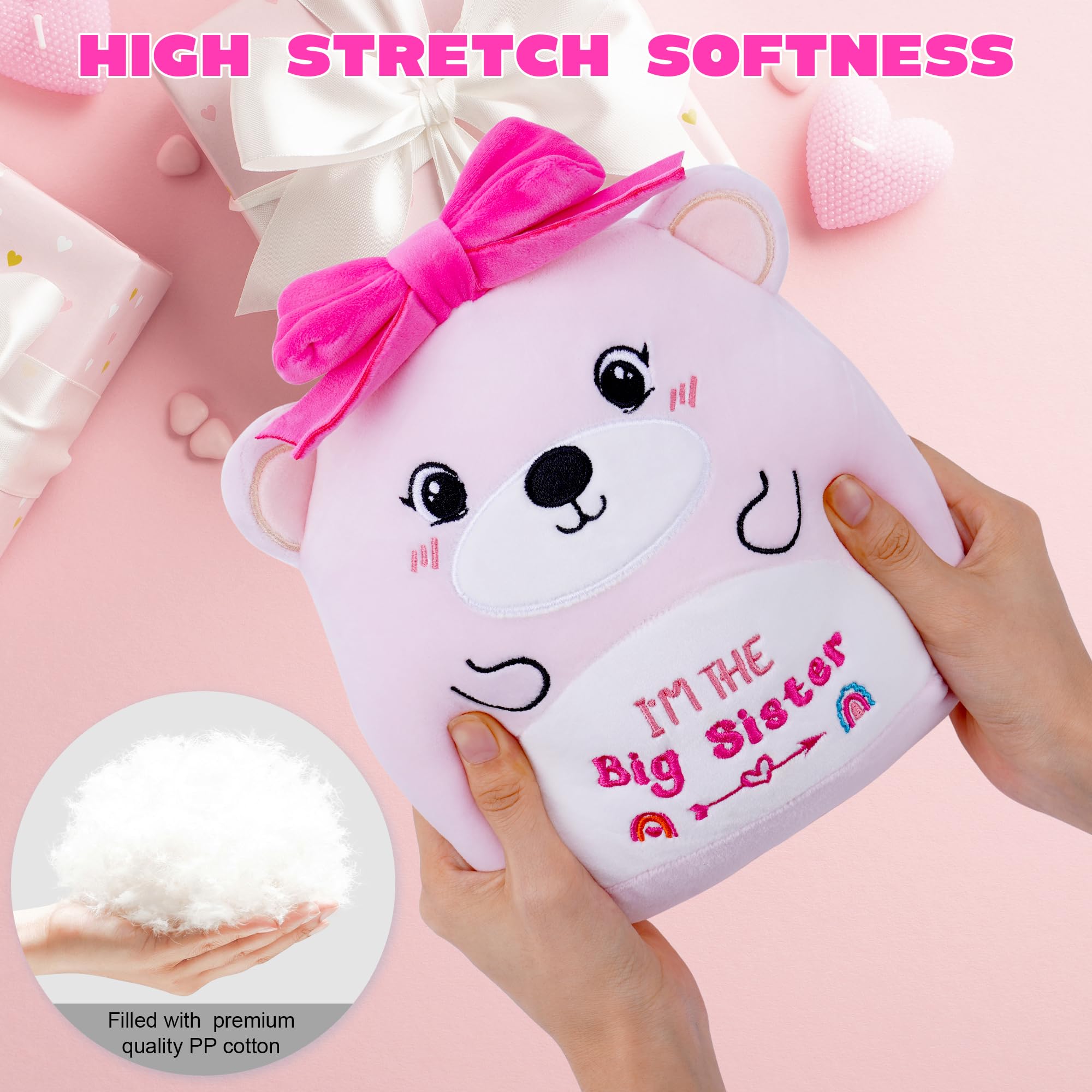 Big Sister Plush Toy: 8-Inch I'm The Big Sister Bear with Pink Bow Stuffed Animal Cute Soft Plushie Pillows Christmas, New Sibling Gifts for Girls Kids
