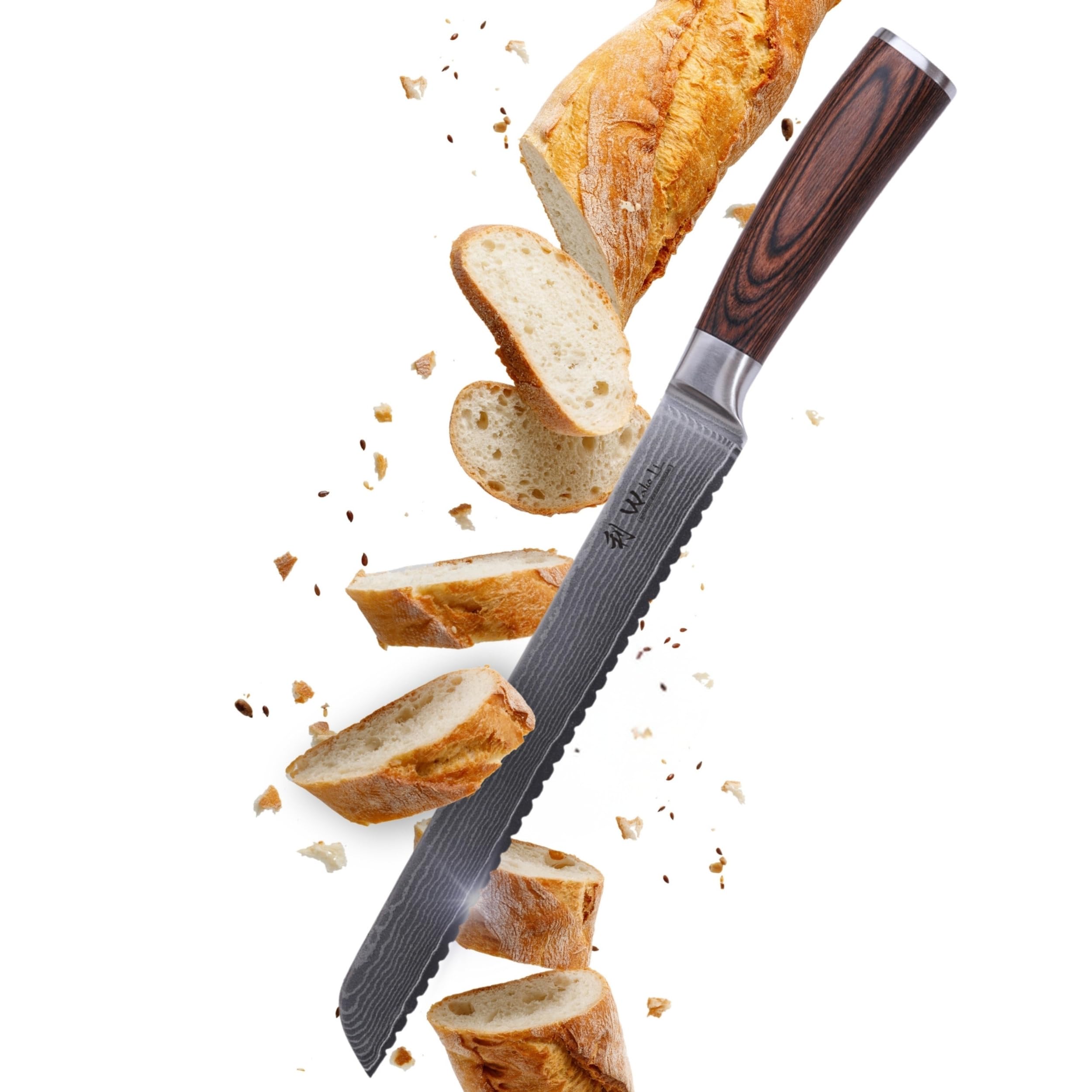 Wakoli EDIB Brotmesser, 23 cm Klinge aus Damaststahl mit VG10 Kern | Einseitiger Wellenschliff für große Brotlaibe, Baguette und Krusten; 67 Lagen, 60 ± 2 HRC, Pakkaholzgriff, Geschenkbox