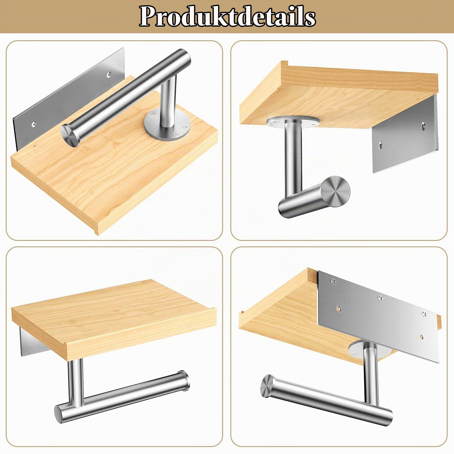 Tindbea Toilettenpapierhalter mit Holzregal, Wandbefestigter Holztoilettenpapierrollenhalter, Matt-Nickel-Edelstahl-Badezimmeraccessoires (Ahorn SUS304 Edelstahl, Gebürstetes Nickel)
