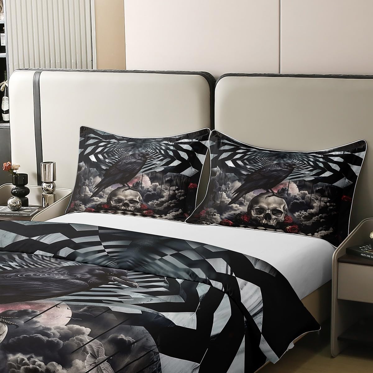 Homewish Halloween Crow 100% bawełniana poszewka na kołdrę podwójna gotycka czaszka zestaw pościeli dla dzieci chłopców dziewcząt dorosłych róża czaszka poszewka na kołdrę szkielet kości zestaw