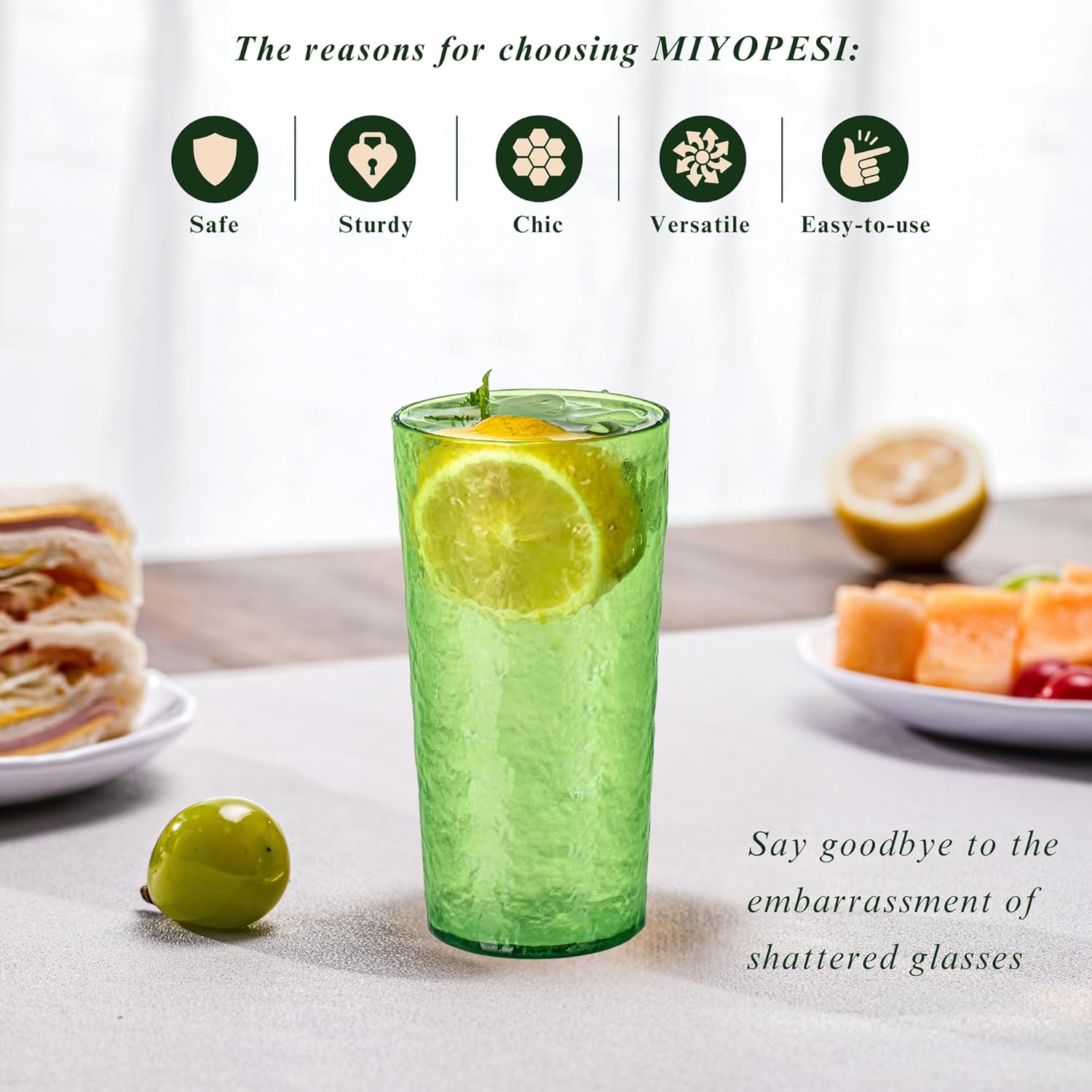 18oz Acrylic Glasses Drinkware (Set of 8), Ice-carved Design Unbreakable Plastic Cups, Reusable Plastic Drinking Glasses, Stackable, BPA-Free, Dishwasher-Safe (Green) - Image 2