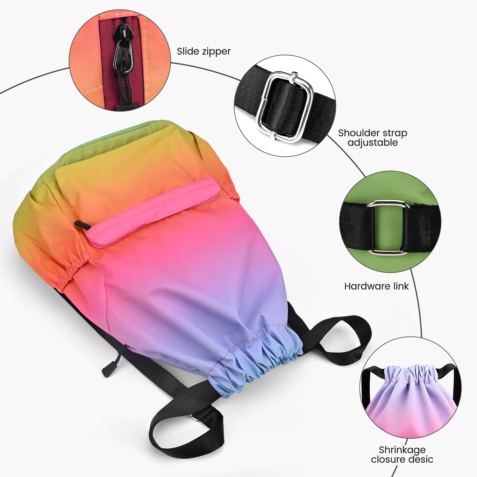 Sac à Dos à Cordon, Imperméable Large Bandoulière Sacs de Sport à Cordon Sac de Gym Avec Poche Intérieure Et Poche De Sécurité avec Poche Avant Et Arrière Zippée, Dégradé Couleurs