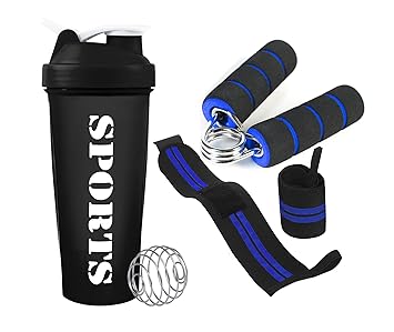 Fitness Combo of Gym Shaker with Wrist Band and MINI Grippper for Gym&Fitness Kit|Gym Shaker|Sports Wrist Band|Fitness Grip|Gym Workout Grip| Wrist&Forearm for Men Women (Blue)
