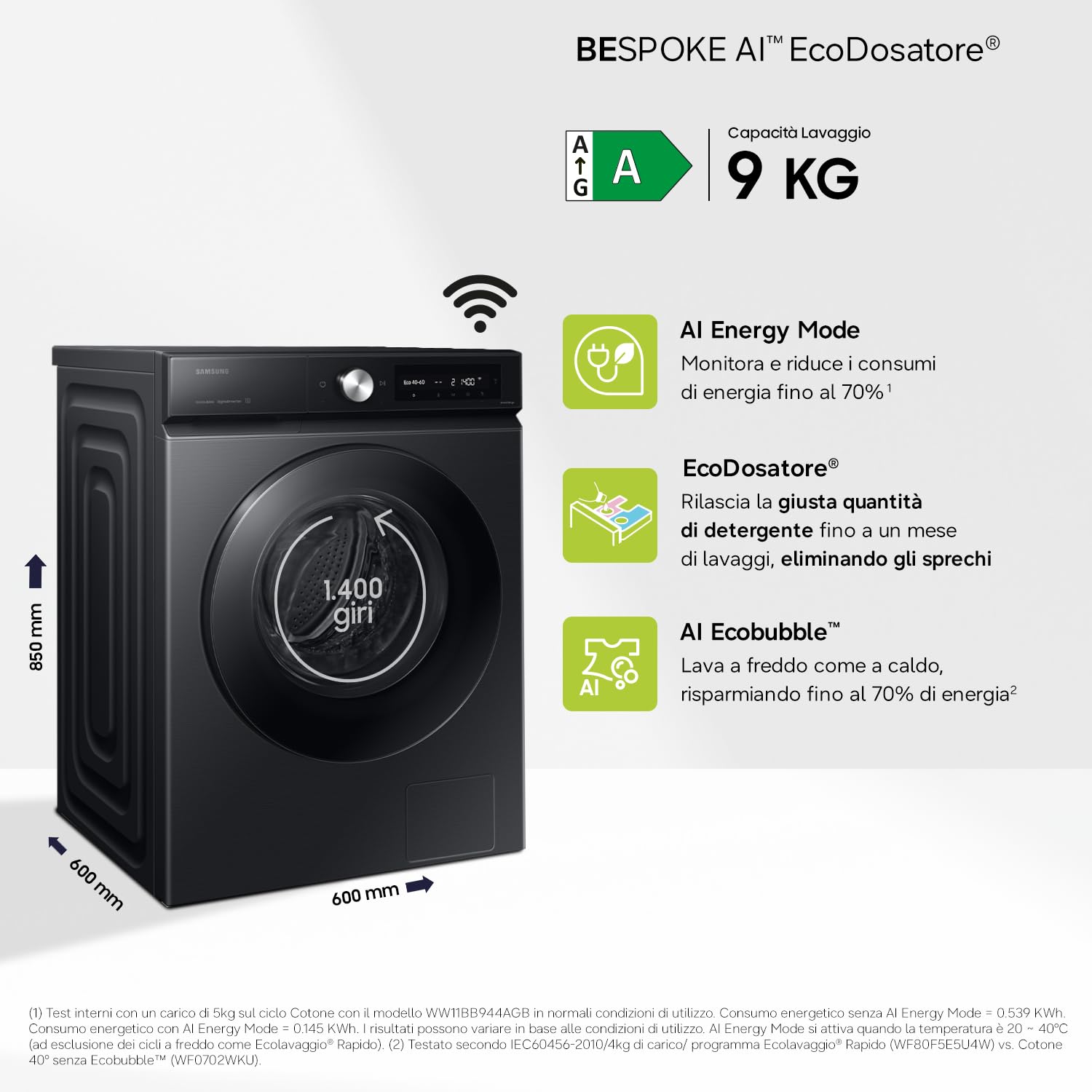 Samsung Lavatrice BESPOKE AI WW90DB7U94GB/U3 Libera installazione, 9 Kg, Ecodosatore, Super Speed, AI Wash, Corpo: Nero, Oblò: Nero, 60l x 85h x 60p cm
