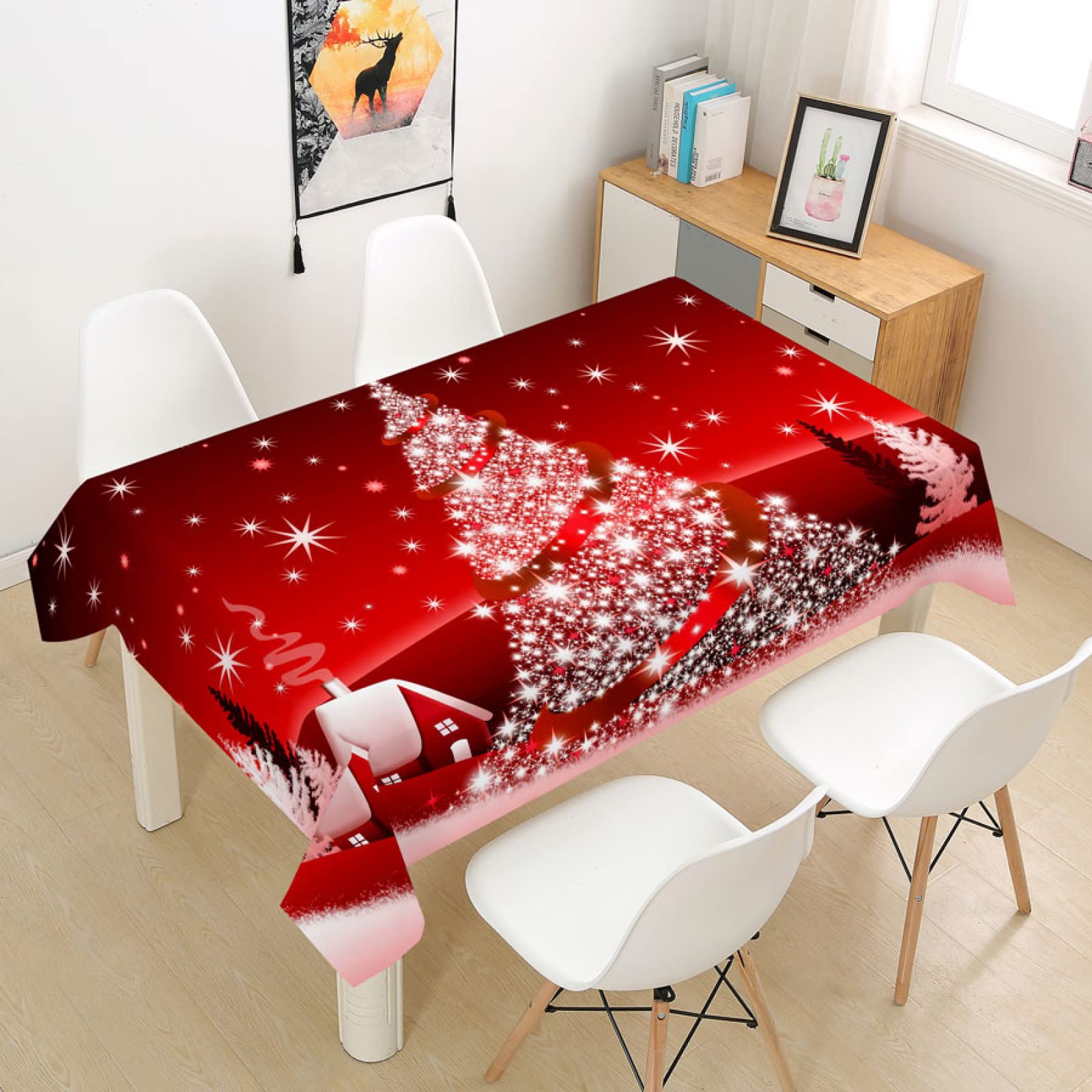 Mantel Antimanchas Rectangular 140x240 cm Rojo árbol de Navidad Manteles de Mesa Impermeable para Cocina Comedor, Lavable Cubierta Mantel para Hogar Compleaños Jardín Fiesta