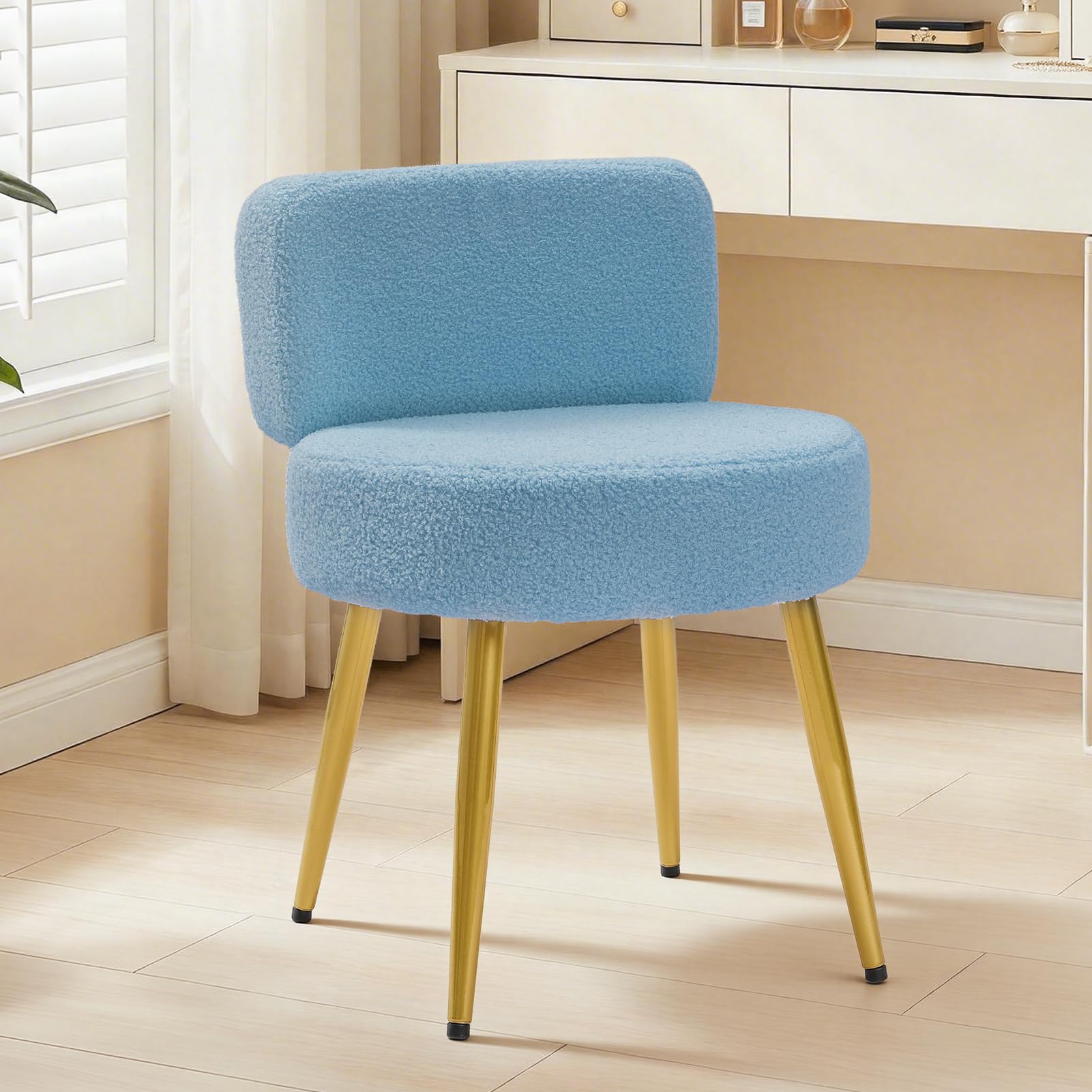 Warmiehomy Cute Vanity Chair with Back - Girls Fluffy Makeup Chair for Vanity - Small Cozy Desk Chair No Wheels for Bedroom Home Office Living Room (Blue)