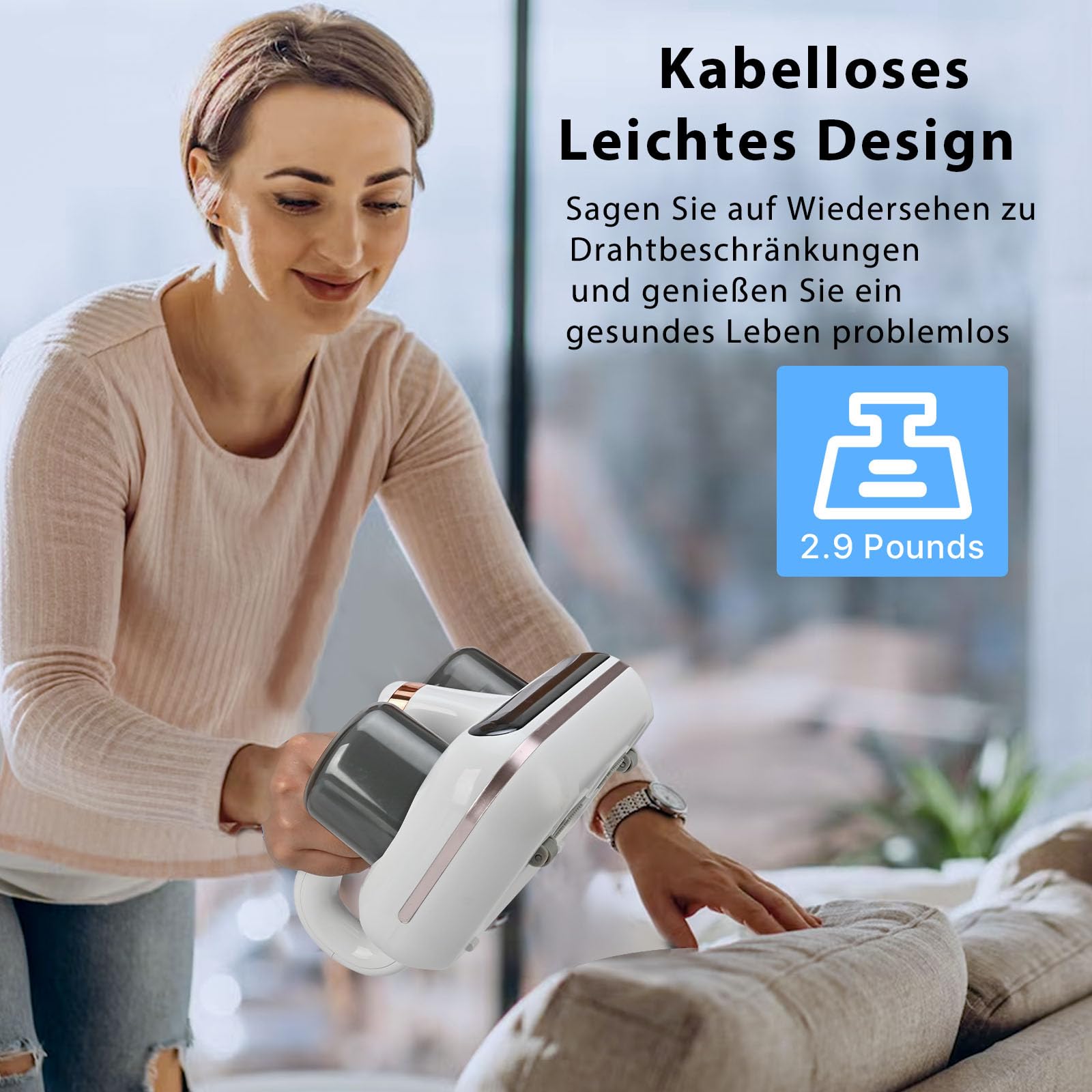 Kabelloser Matratzensauger 1000 W mit UV-Licht und Milbensensor, LED-Anzeige, entfernt 99,9% Allergene weiß