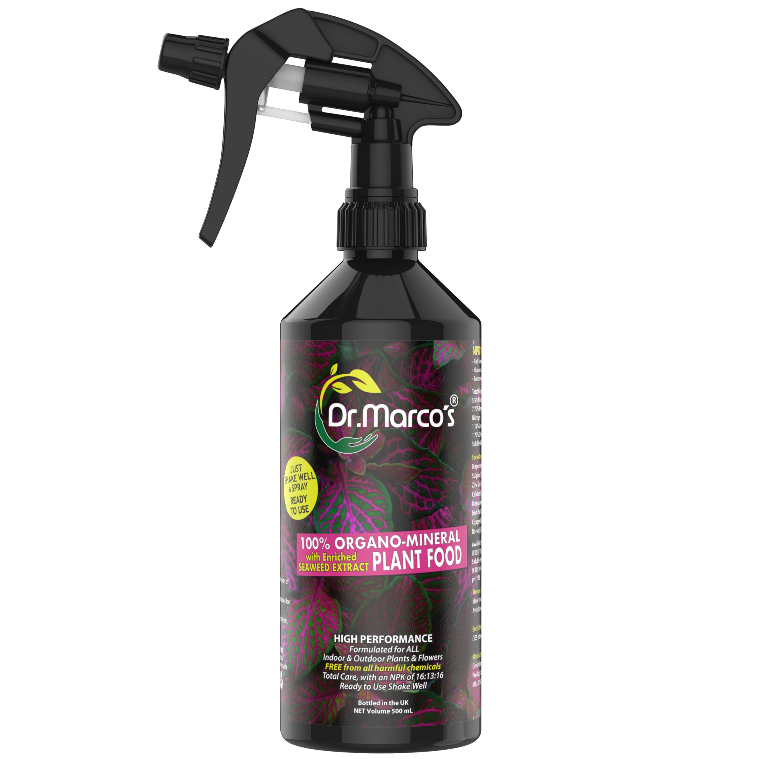 Dr. Marco’s™ Indoor & Outdoor Plant Food 500ml Bottle | 100% Organo-Mineral Liquid Seaweed Fertiliser | Premium Natural Indoor Plant Food Spray for Healthy Long-Lasting Growth
