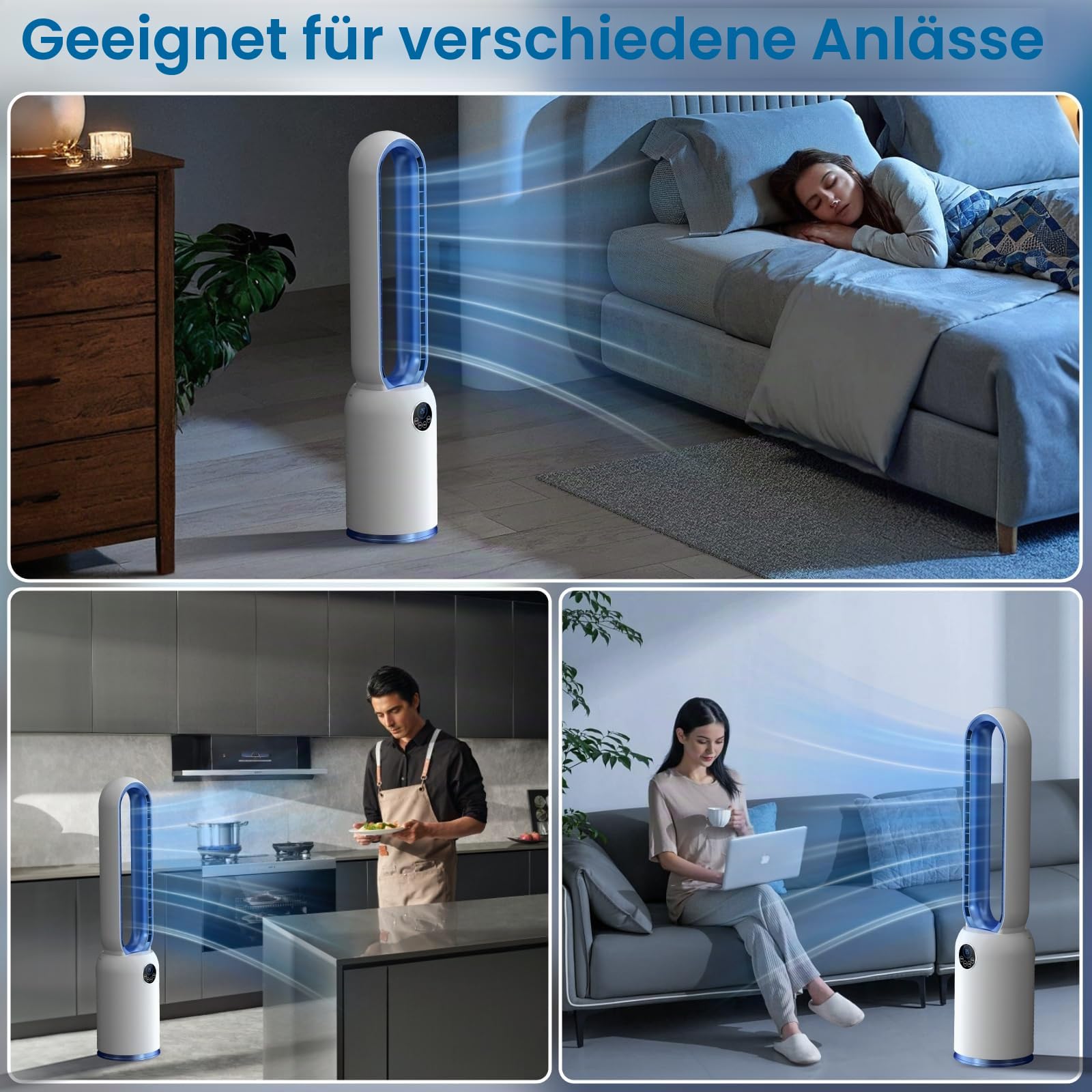 Turmventilator ohne Flügel 88cm – geräuschloser Standventilator mit 55W Motor, LED-Touchscreen & Fernbedienung, 12-Stunden-Timer, 90° oszillierend für Schlafzimmer & Büro (blau)