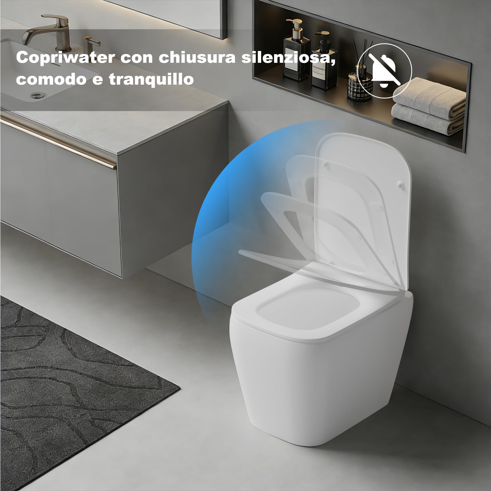 SURFOU Tavoletta WC con Chiusura Ammortizzata, Duroplast di Alta Qualità, Forma a Quadrato, Sgancio Rapido per Facile Pulizia, Supporta fino a 200 kg, con Gancetti in Gomma per Fissaggio Stabile