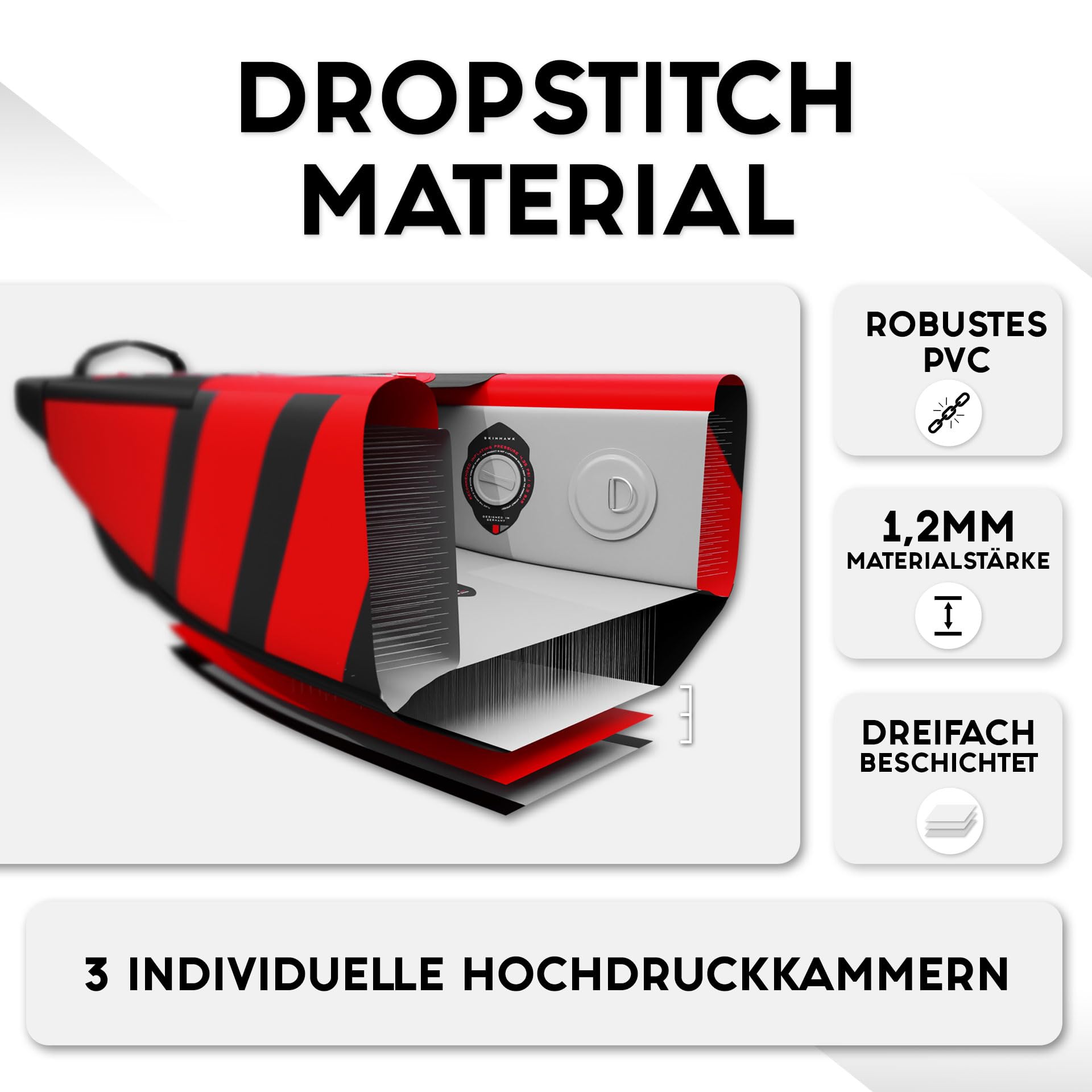SKINHAWK Premium Drop Stitch Kajak 490 Rot, Schlauchboot, Kanu, zum Aufblasen, Adventure Kajak 490 x 85 cm
