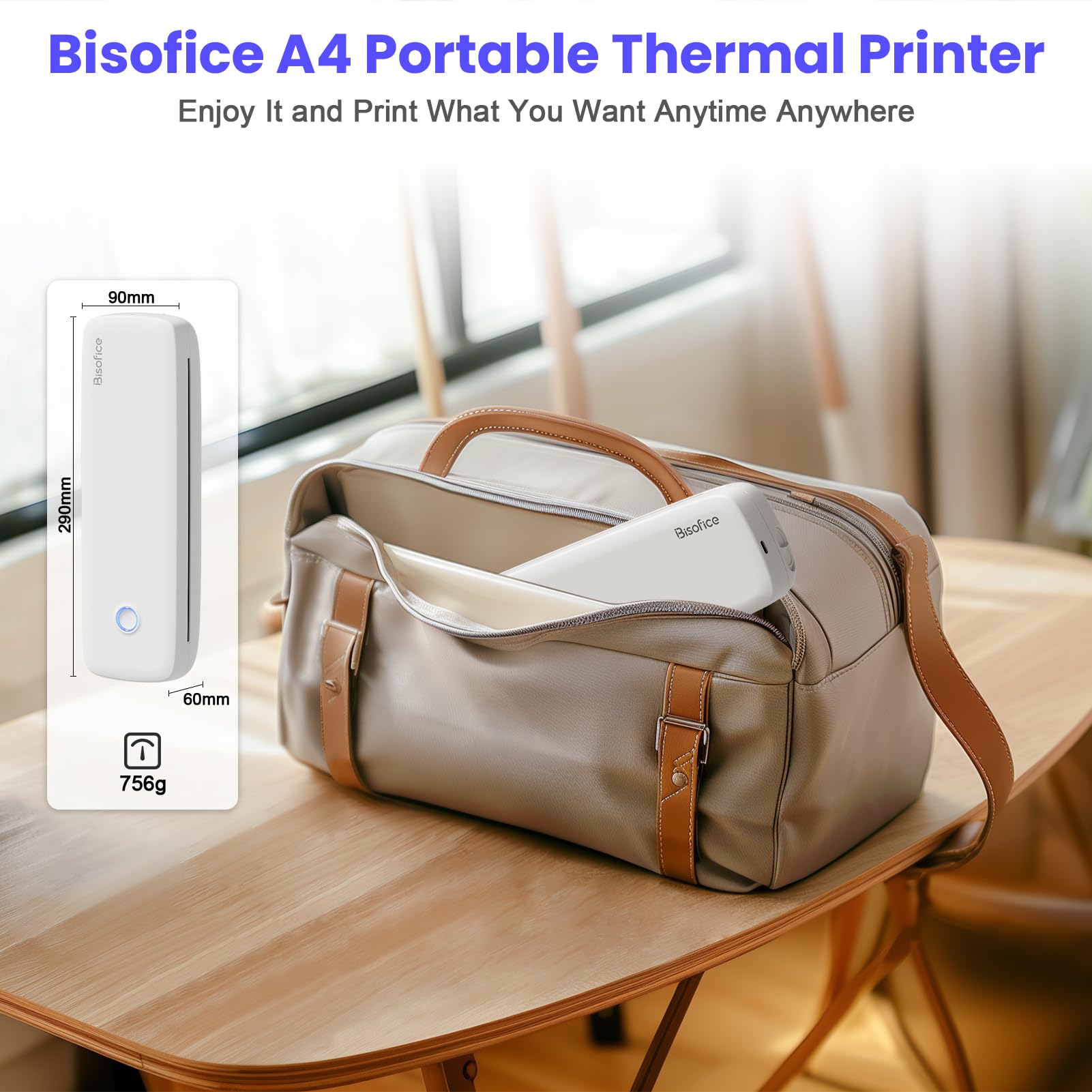 Bisofice Stampante Termica Portatile A4, 300DPI Stampante Bluetooth Senza inchiostro, Adatto per carta 2''/3''/4''/8'', Stampante Compatta per Ufficio, Viaggi, Studio, Casa, Bianco