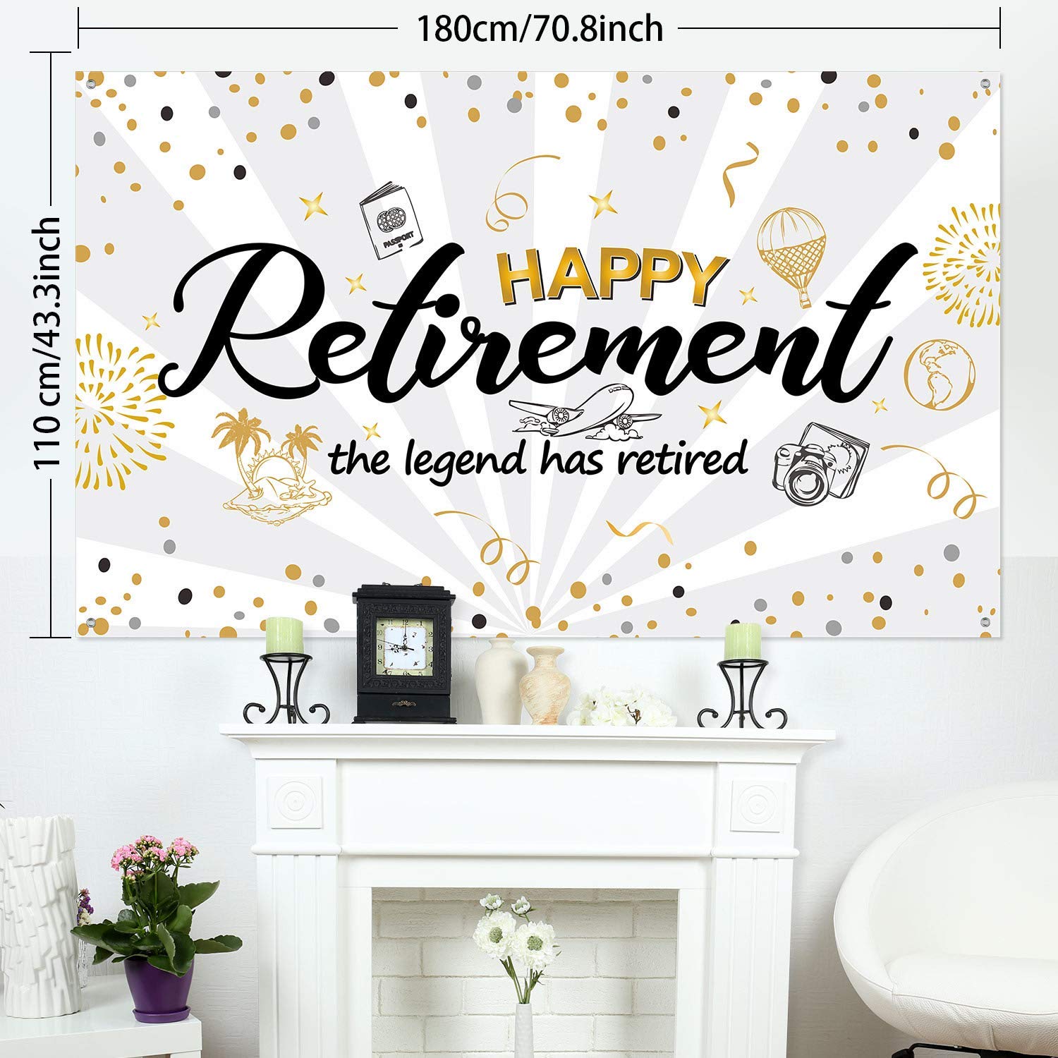 Happy Retirement Party Decorations,Extra Large Fabric Black Gold Sign