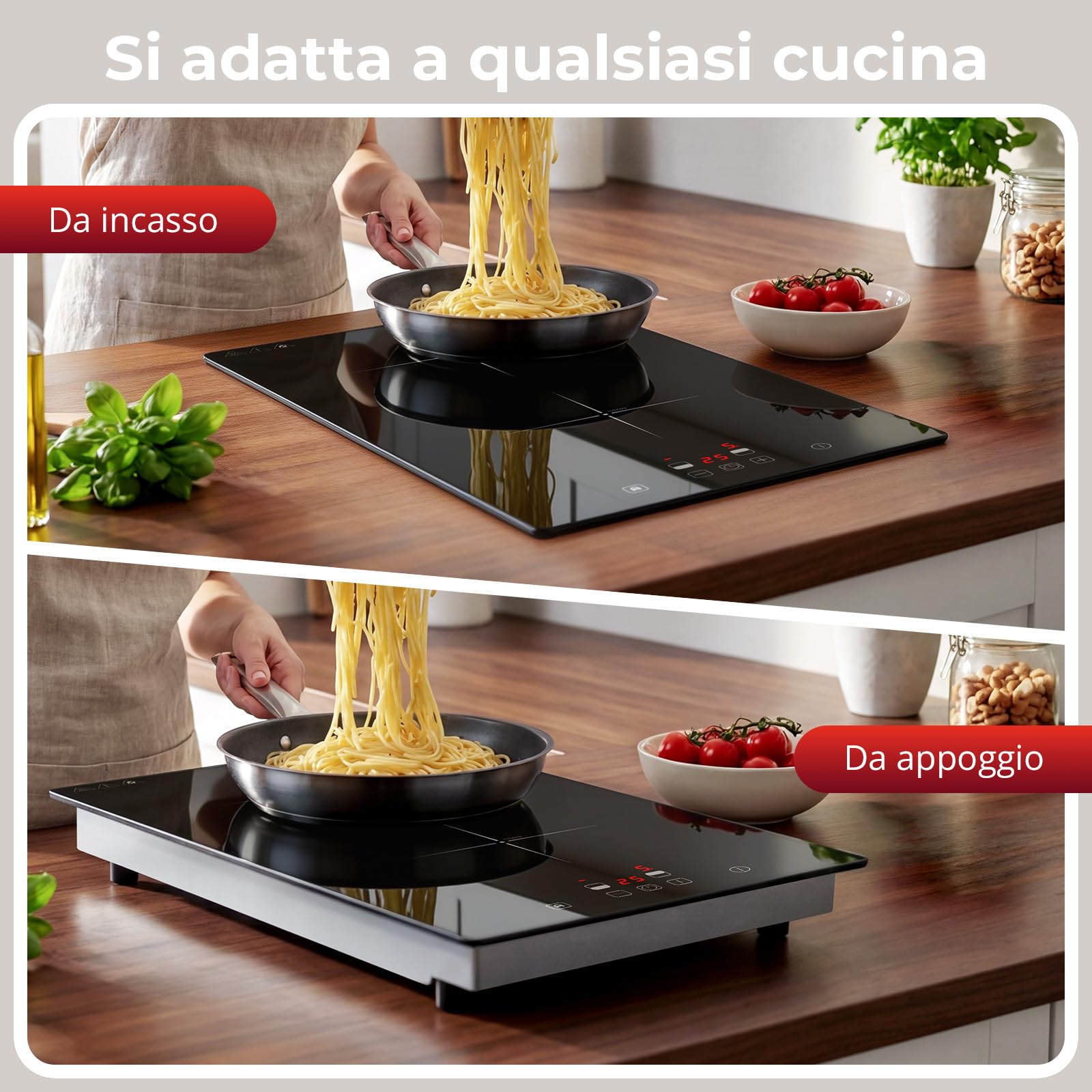 Piano Induzione 2 Fuochi da Portatile/Incasso, 3000W Piastra Induzione 2 Fuochi, Comando Touch, 9 Livelli di Potenza, Timer 99 Min, Spegnimento Automatico, Sicurezza Bambini, con Cavo di Alimentazione