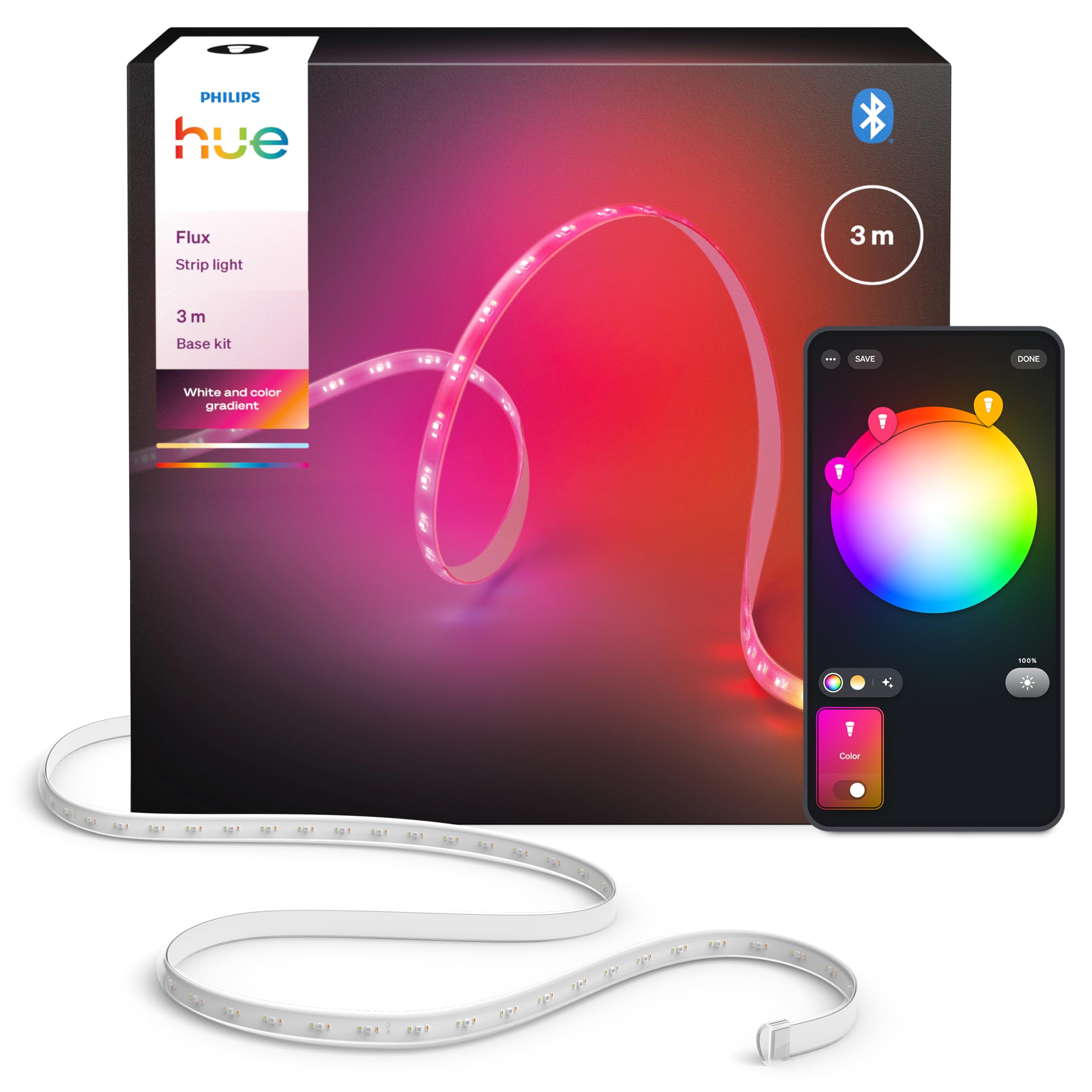 Philips Hue Flux 3 m LED ışık şeridi, 1200 lm, canlı renkler, esnek iç aydınlatma, Chromasync renk karışımı, RGBWWIC, kesilebilir, genişletilebilir, tekrar kullanılabilir, uygulama ve sesli kontrol